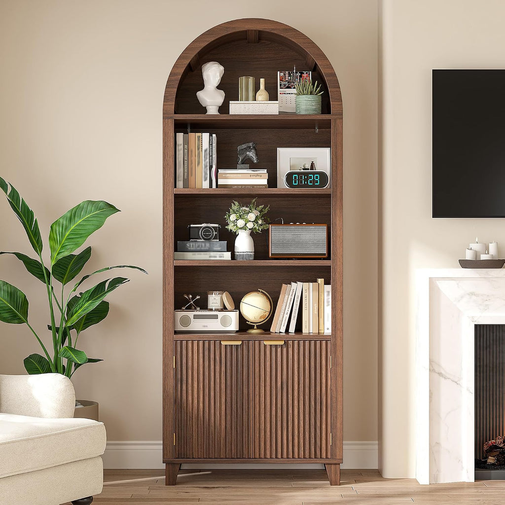 DurayLoly 79.9' Tall Arched Cabinet, 6-Tier Arched Bookcase with Fluted Doors and Adjustable Wood Shelves, Wooden Storage Cabinet with Tall Bookshelf for Office, Living Room, Kitchen, Walnut