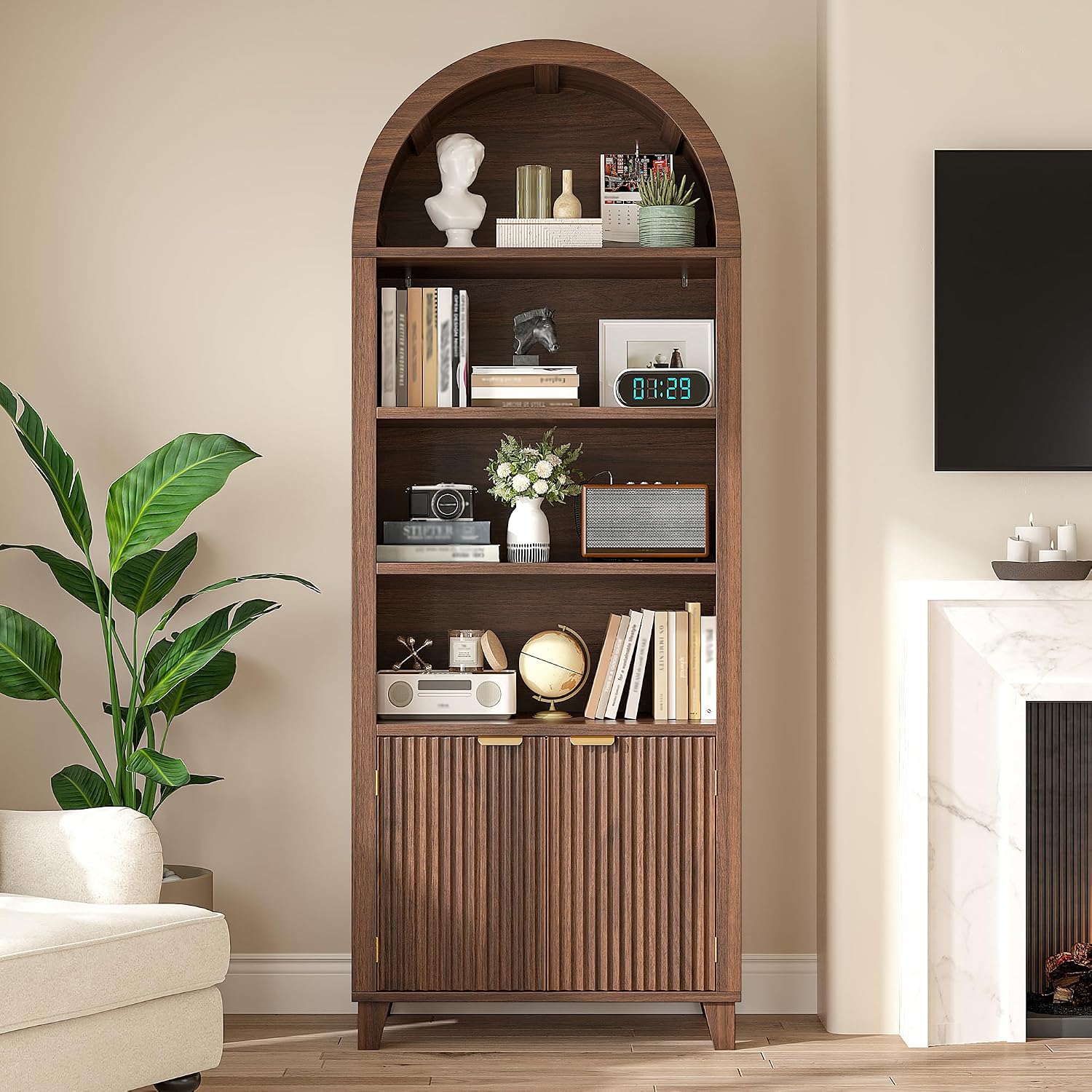 DurayLoly 79.9' Tall Arched Cabinet, 6-Tier Arched Bookcase with Fluted Doors and Adjustable Wood Shelves, Wooden Storage Cabinet with Tall Bookshelf for Office, Living Room, Kitchen, Walnut