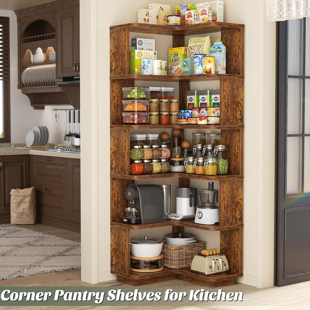 Armocity Corner Book Shelf - 6 Tier Corner Bookshelf Etagere Bookcase with Baffle, Freestanding L Shaped Display Shelf Stand for Home Office, Living Room, Bedroom, Kitchen, Rustic Brown