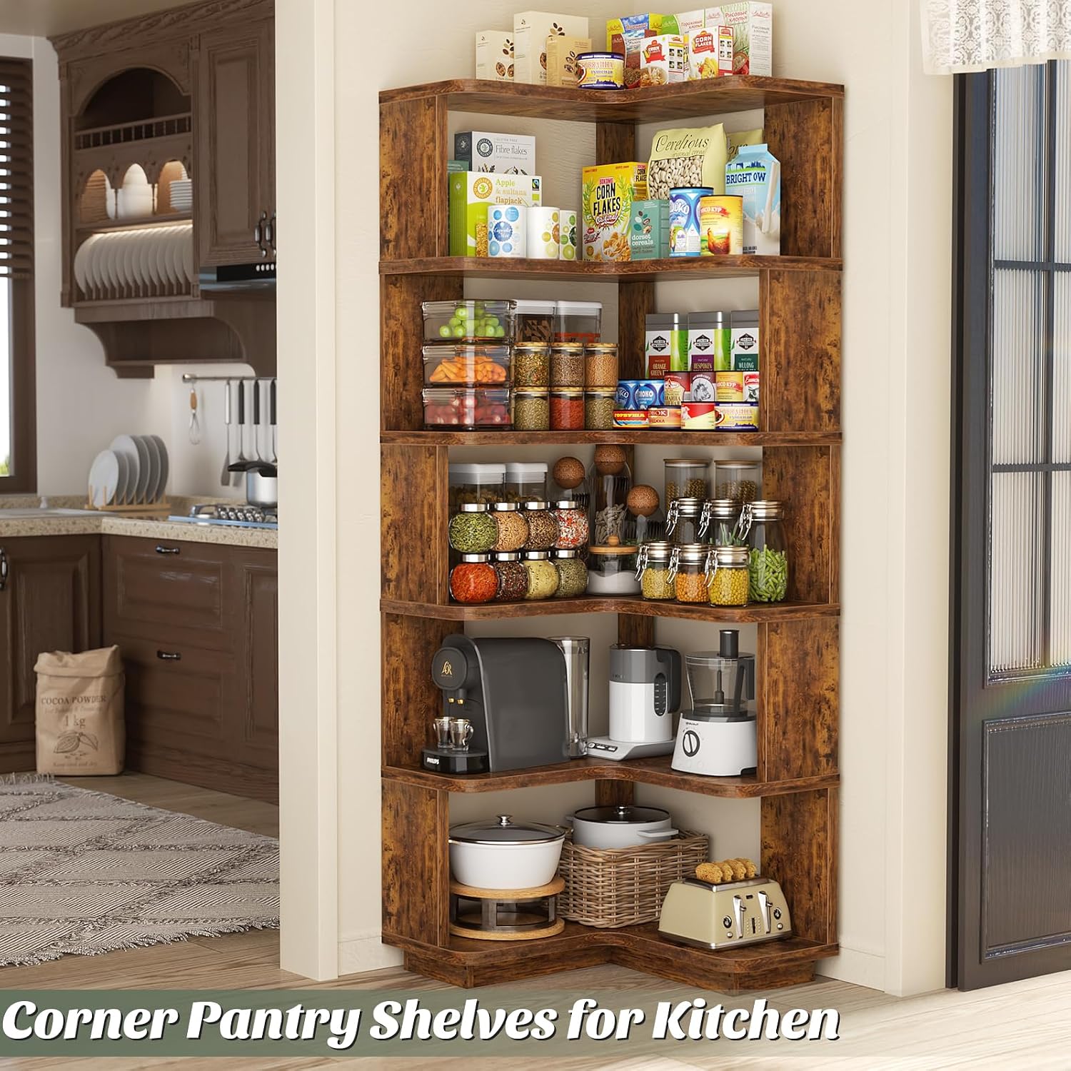 Armocity Corner Book Shelf - 6 Tier Corner Bookshelf Etagere Bookcase with Baffle, Freestanding L Shaped Display Shelf Stand for Home Office, Living Room, Bedroom, Kitchen, Rustic Brown
