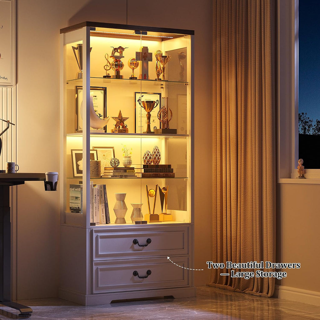 FREDEES Display Cabinet with Glass Doors,67' Adjustable Display Shelf with 2 Drawers and 4 Tier Curio Cabinet,Tall Bookcase with 3 Color Lights and Human Body Sensor for Toys,Books（White）