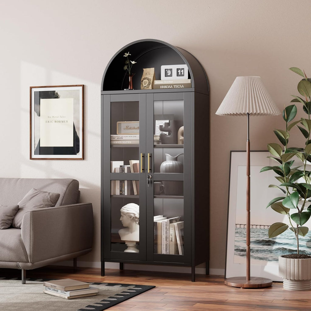 Metal Arched Bookcase Cabinet with 3 LED Strips,Lockable Arched Display Cabinet with Glass Doors for Living Room, Home,Office, Assembly Required (Black)