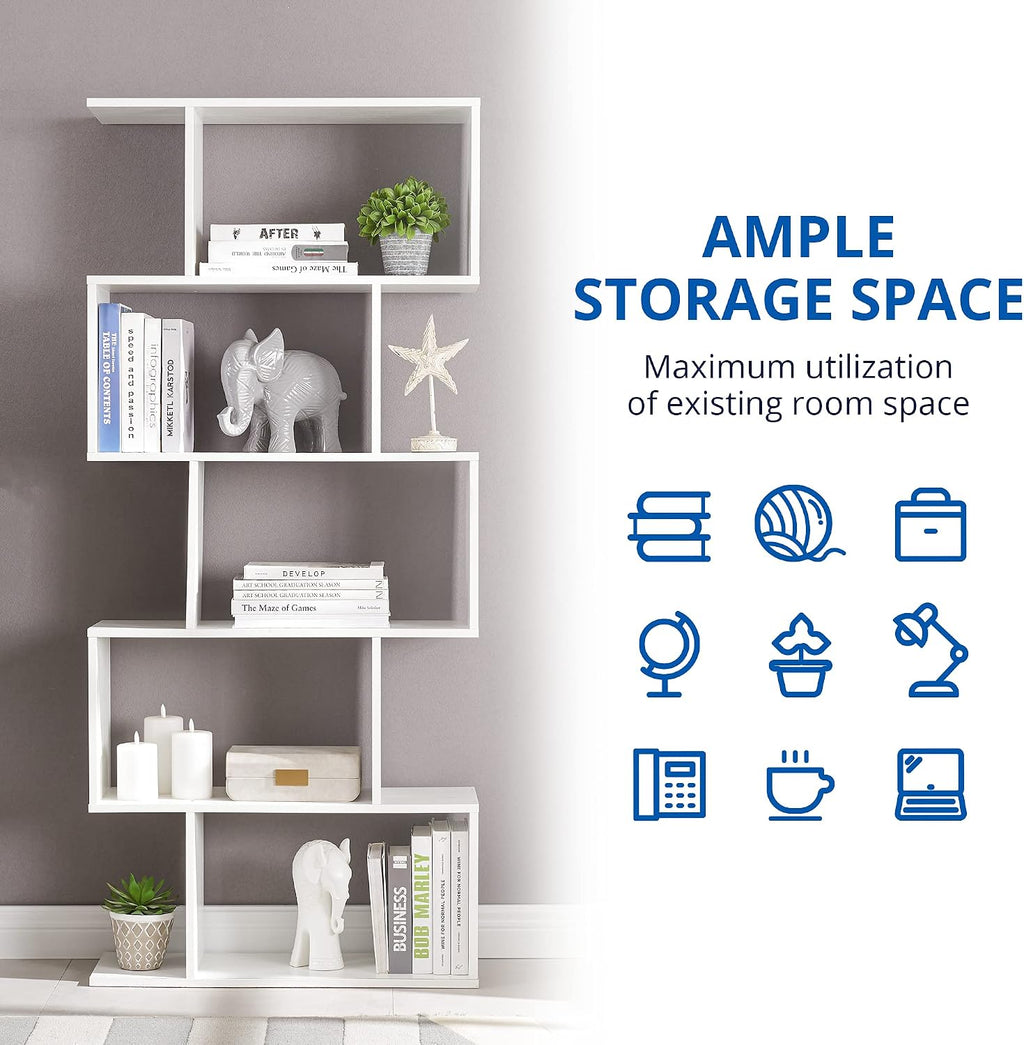 Cozy Castle Set of 2 Geometric Bookcase, S-Shaped Modern Bookshelf, Room Divider Bookshelf, 62' Tall Unique Abstract Bookcase with 5-Tier Display Shelf for Living Room Office, White