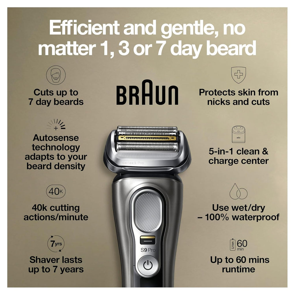 Braun Electric Razor for Men, Series 9 Pro 9465cc Wet & Dry Electric Foil Shaver with ProLift Beard Trimmer, Cleaning & Charging SmartCare Center, Head Shavers for Bald Men, Noble Metal