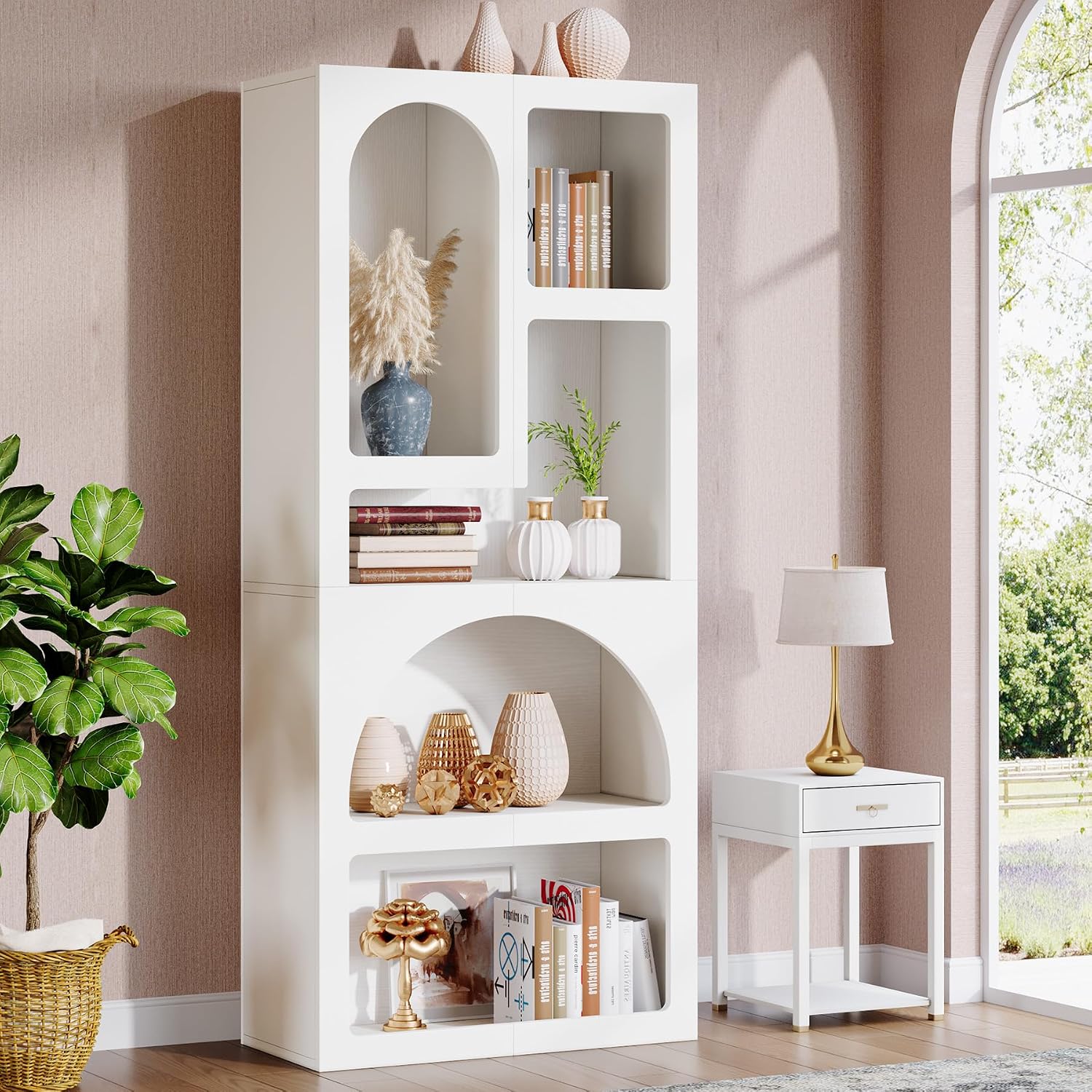 Tribesigns 70.87' Tall Geometric Bookshelf, White Arched Bookcase with 5 Irregular Storage Shelves, Modern Open Art Decor Display Shelf Free-Standing for Living Room, Bedroom, Closet