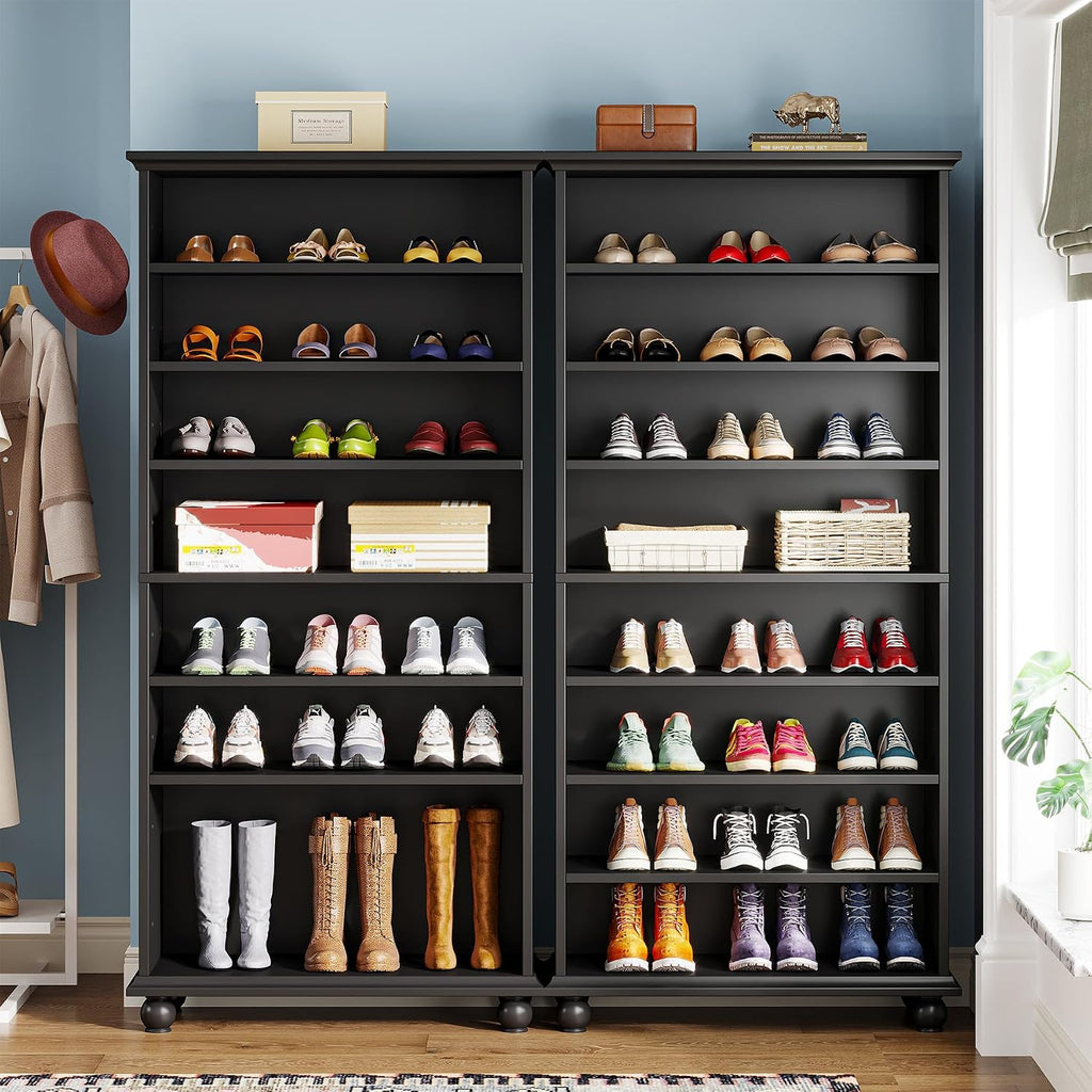 Tribesigns Narrow Tall Shoe Cabinet with LED Lighting, 9-Tier 30 Pairs Freestanding Shoes Storage Cabinet, Wood Shoe Organizer Cabinet with Solid Wooden Legs for Entryway (2, Black)