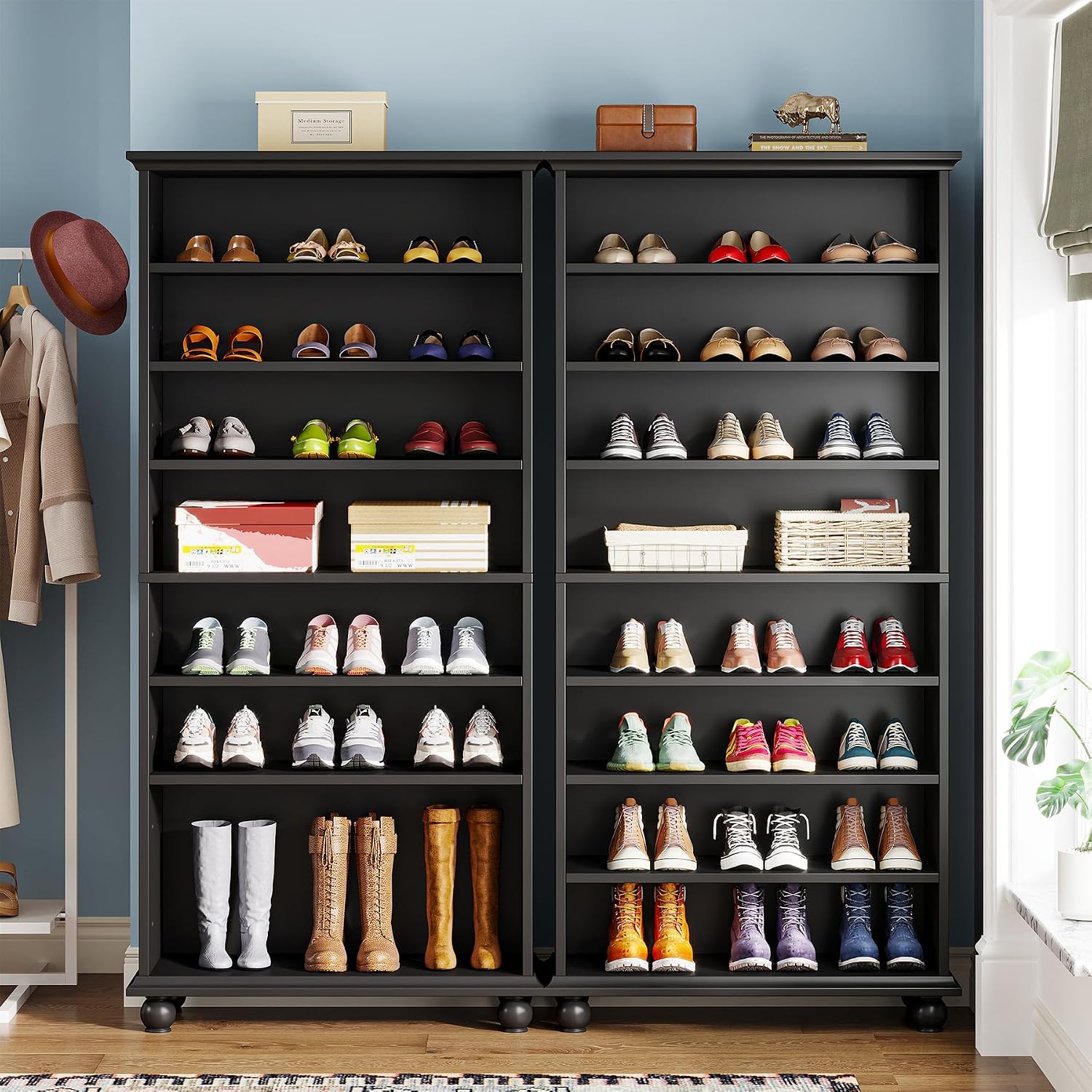 Tribesigns Narrow Tall Shoe Cabinet with LED Lighting, 9-Tier 30 Pairs Freestanding Shoes Storage Cabinet, Wood Shoe Organizer Cabinet with Solid Wooden Legs for Entryway (2, Black)