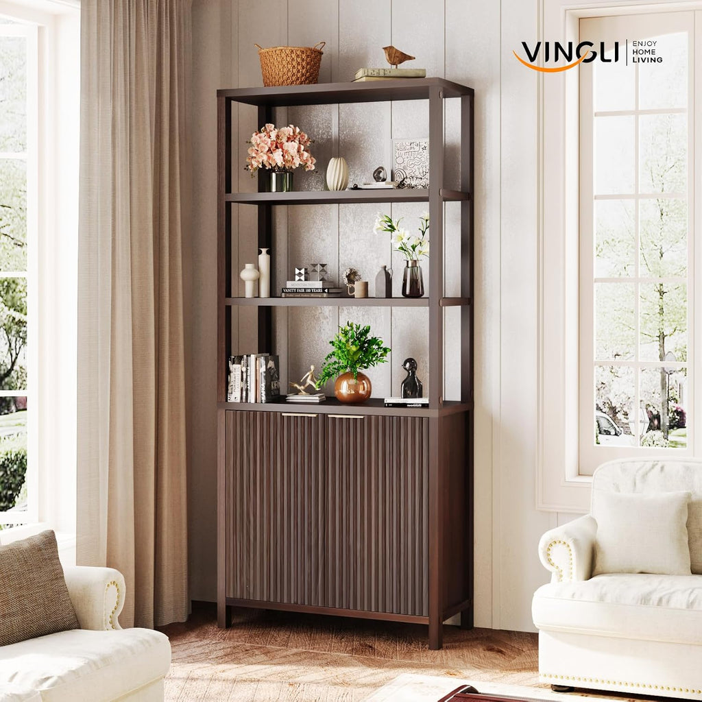 VINGLI Bookcase with Fluted Doors, 71' Wood Storage Cabinet with Adjustable Shelves, 6-Tier Display Cabinet Bookshelf for Study, Living Room, Home Office, Kitchen Pantry, Walnut