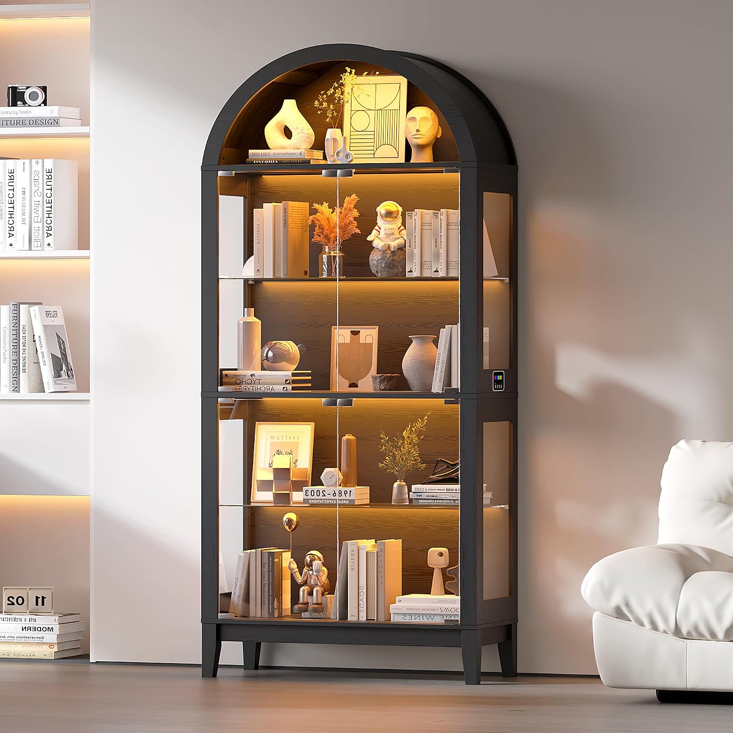 HNEBC Arched Book Shelf with Glass Doors, LED Bookcase with RGB Lights, 5 Tier Cabinet Has 9-Cube Storage, 69' Display Cabinet for Music-Synced Lighting Living Room,Bedroom(Black)