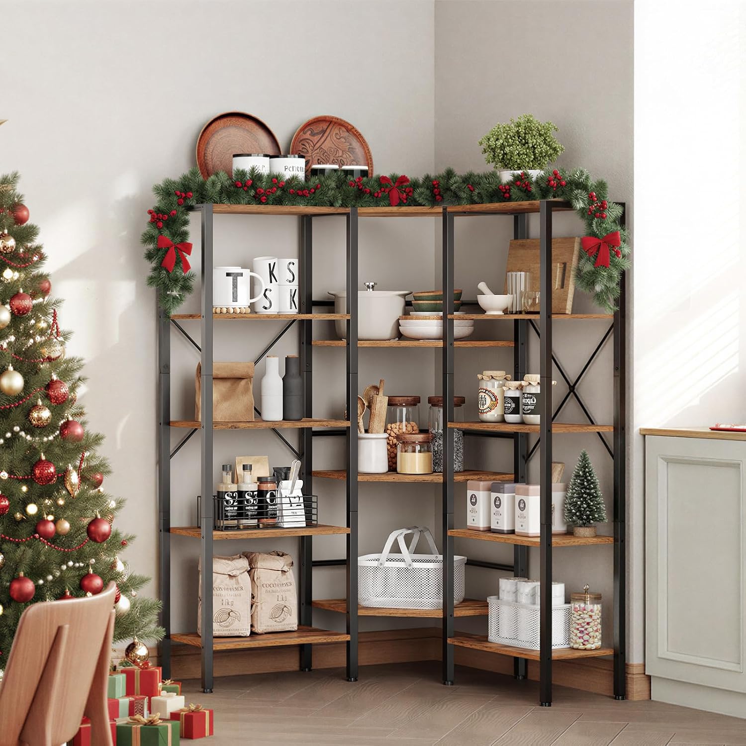 HOOBRO Industrial Corner Bookshelf, 5-Tier L-Shaped Bookcase, Open Display Storage Rack, Floor Standing Storage Shelf, for Living Room, Bedroom, Home Office, Rustic Brown and Black BF68SJ01