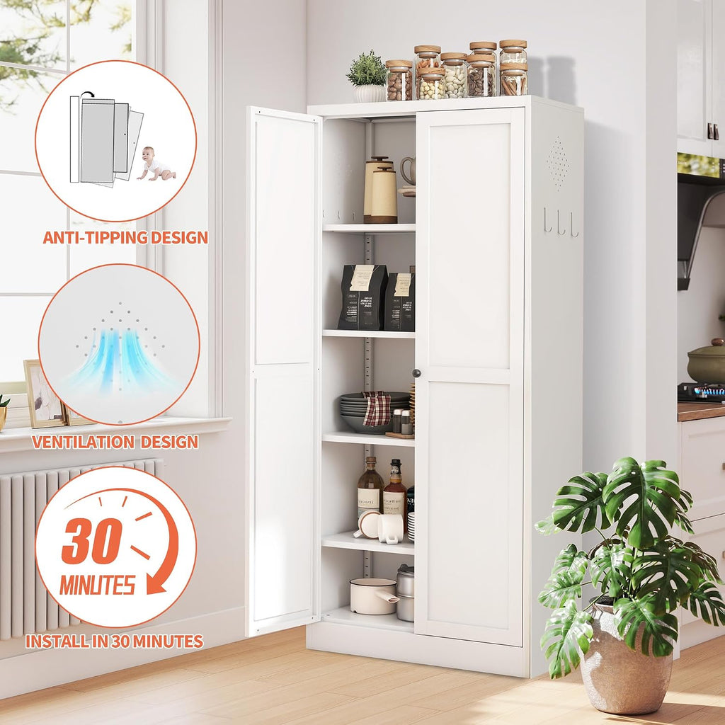 61' Kitchen Pantry Cabinet with 2 Doors and 4 Shelves,White Metal Garage Storage Cabinets,Freestanding Steel Tool Cabinet Utility Cabinets Cupboard for Kitchen,Living,Dining Room,Bathroom