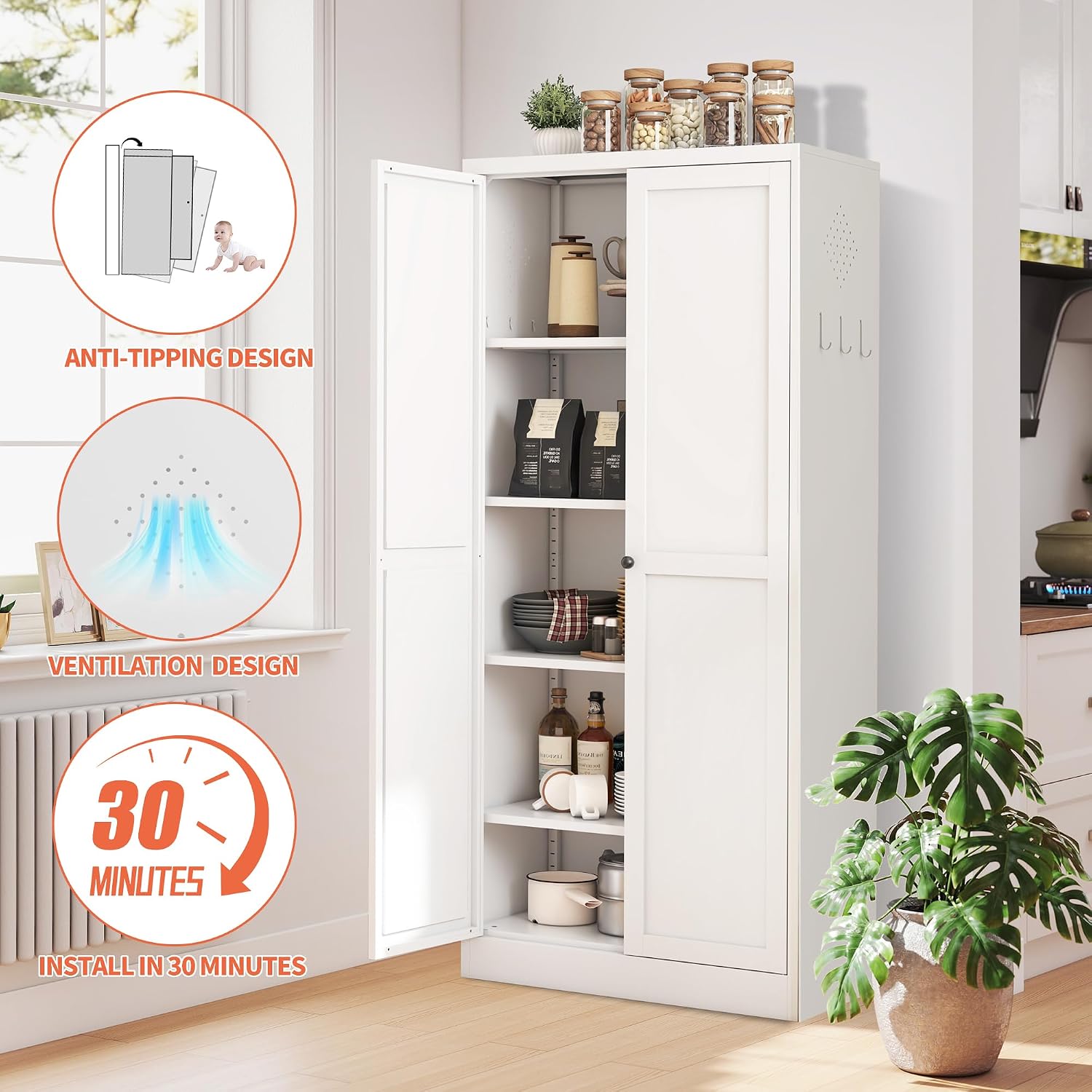 61' Kitchen Pantry Cabinet with 2 Doors and 4 Shelves,White Metal Garage Storage Cabinets,Freestanding Steel Tool Cabinet Utility Cabinets Cupboard for Kitchen,Living,Dining Room,Bathroom