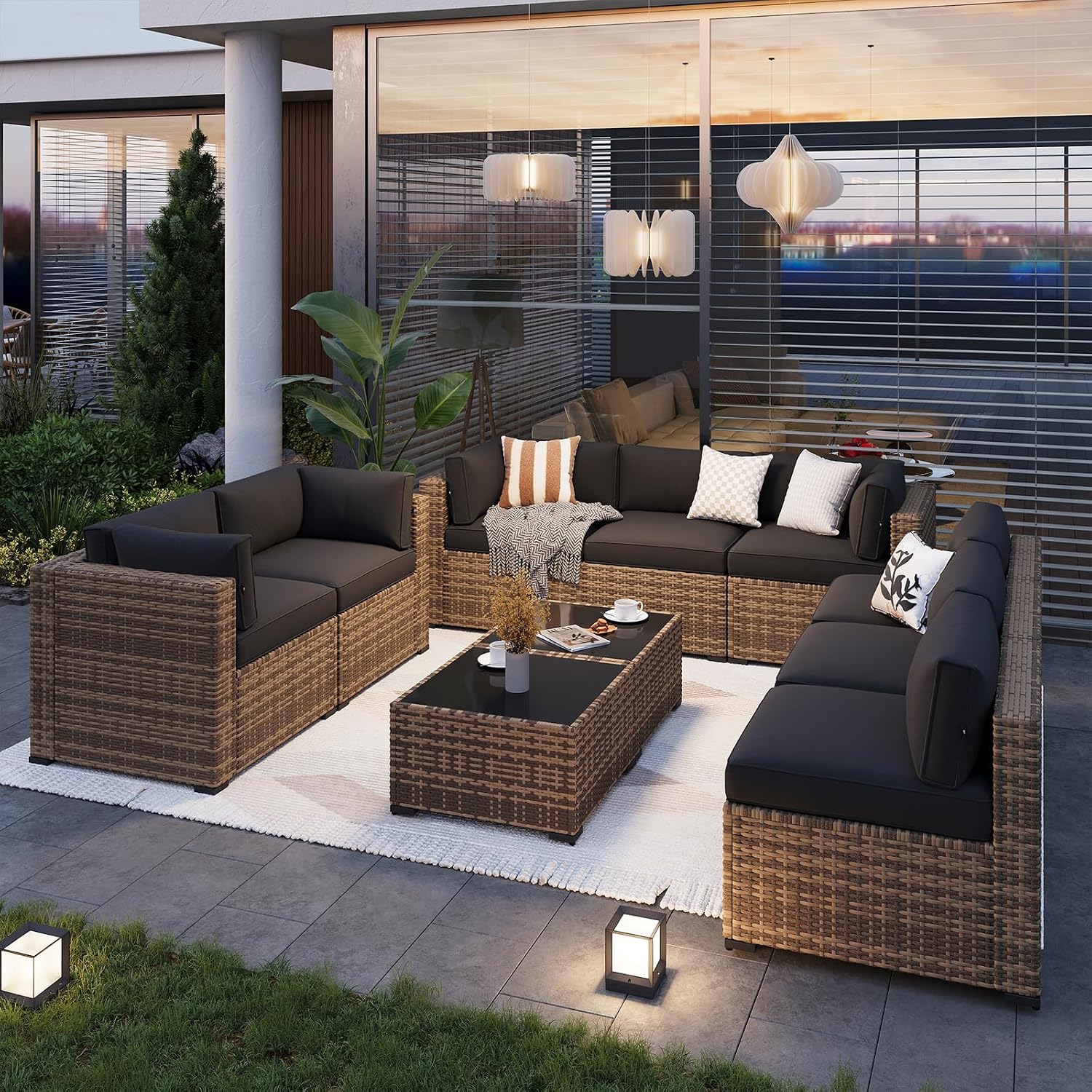 Aoxun Patio Furniture Sets, 10-Piece Outdoor Patio Furniture with Thick Cushions, Wicker Outdoor Conversation Set Sectional Sofa for Backyard, Poolside, Garden