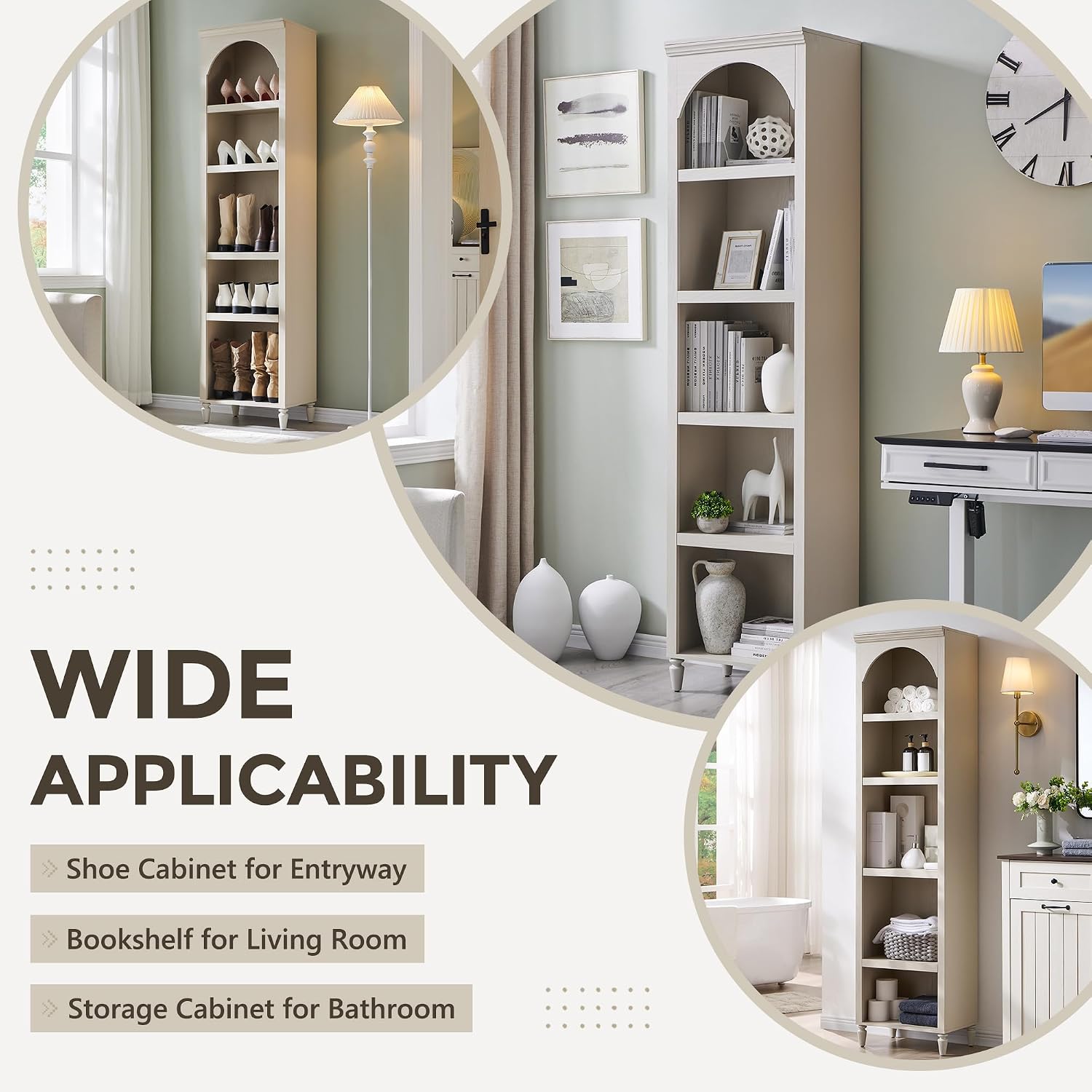 IFGET 76' Tall Arched Bookcase, Farmhouse 5 Tiers Narrow Arched Bookshelf Cabinet with Adjustable Shelves, Modern Wooden Book Shelf w/Storage and Open Display Shelves for Living Room, Office-Cream