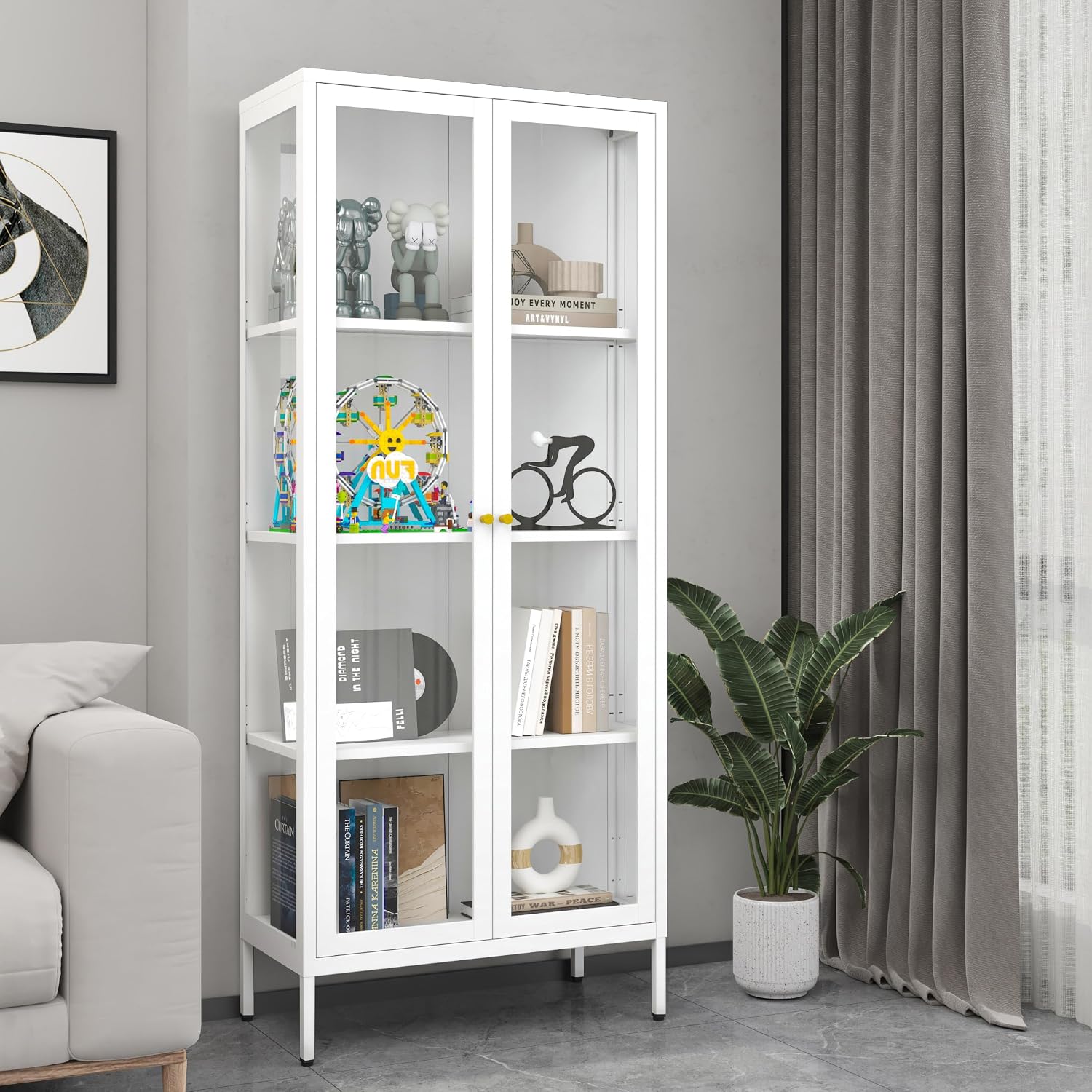 Display Cabinet with Glass Doors, 66' Curio Cabinet with 3 Ajustable Shelves, 4 Tier Display Case for Collectibles, Bookcase with Doors for Living Room