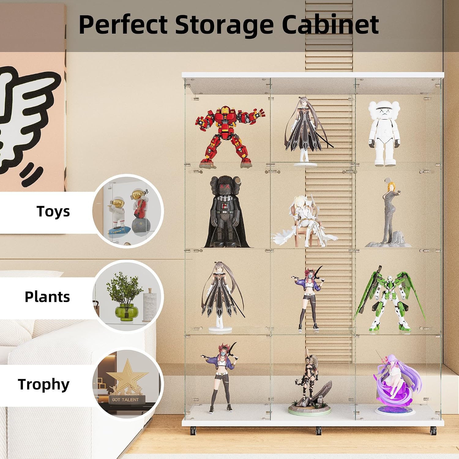 Beauty4U Glass Display Cabinet with 12 Shelves, Extra Large 3 Columns 2 Doors Curio Cabinets for Living Room, Bedroom, Office, White Floor Standing DIY Glass Bookshelf, Quick Installation