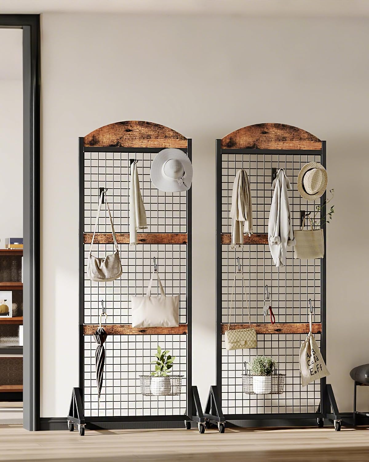 CHOEZON Grid Wall Panel 5.7' x 2' FT Grid Display Rack, 2 Pack Movable Gridwall Display Stand with 8 S-Shaped Hooks and 8 Garment Hooks, Floorstanding Wire Grid Rack, Rustic Brown and Black TCJ17P2BF