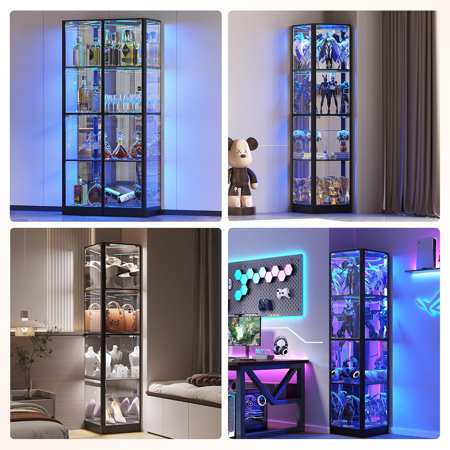 Corner Display Cabinet with Glass Doors, 4 Tier Corner Shelf with LED Lights, 68' Display Case for Collectibles, Toys, Books, Curio Storage Cabinet, Black