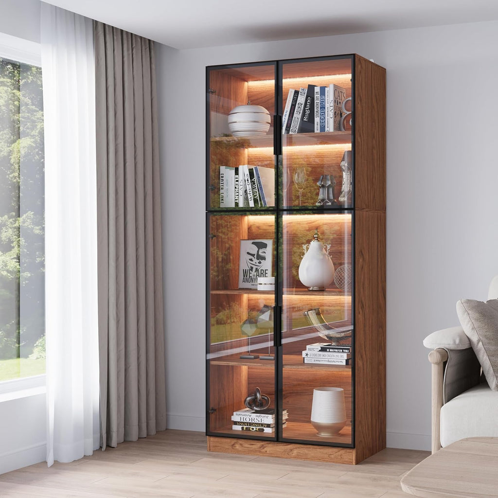 Mekminop Modern Display Storage Cabinet with LED Lights, Glass Door Tall Showcase with 5-Tier Shelves for Collectibles, Books, Wine, Curio Cabinet for Home Office Living Room Bedroom, Walnut