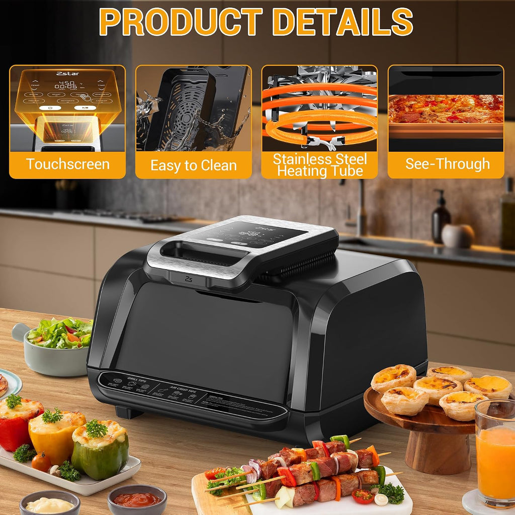 GarveeTech Smokeless Indoor Electric Grill with Viewing Window, 1750W 7-in-1 Air Fryer Oven, Grill, Bake, Roast & Dehydrate at Home – Up to 450°f