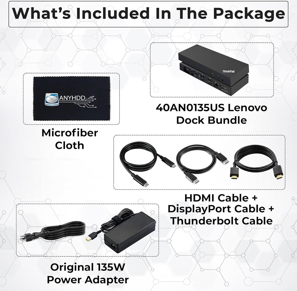 Lenovo 40AN0135US Thunderbolt 3 Dock - Gen 2 Dual UHD 4K Display with 135W Power Adapter, Thinkpad Lenovo Docking Station Dual Monitor with HDMI, DisplayPort, Thunderbolt Cable, Cloth