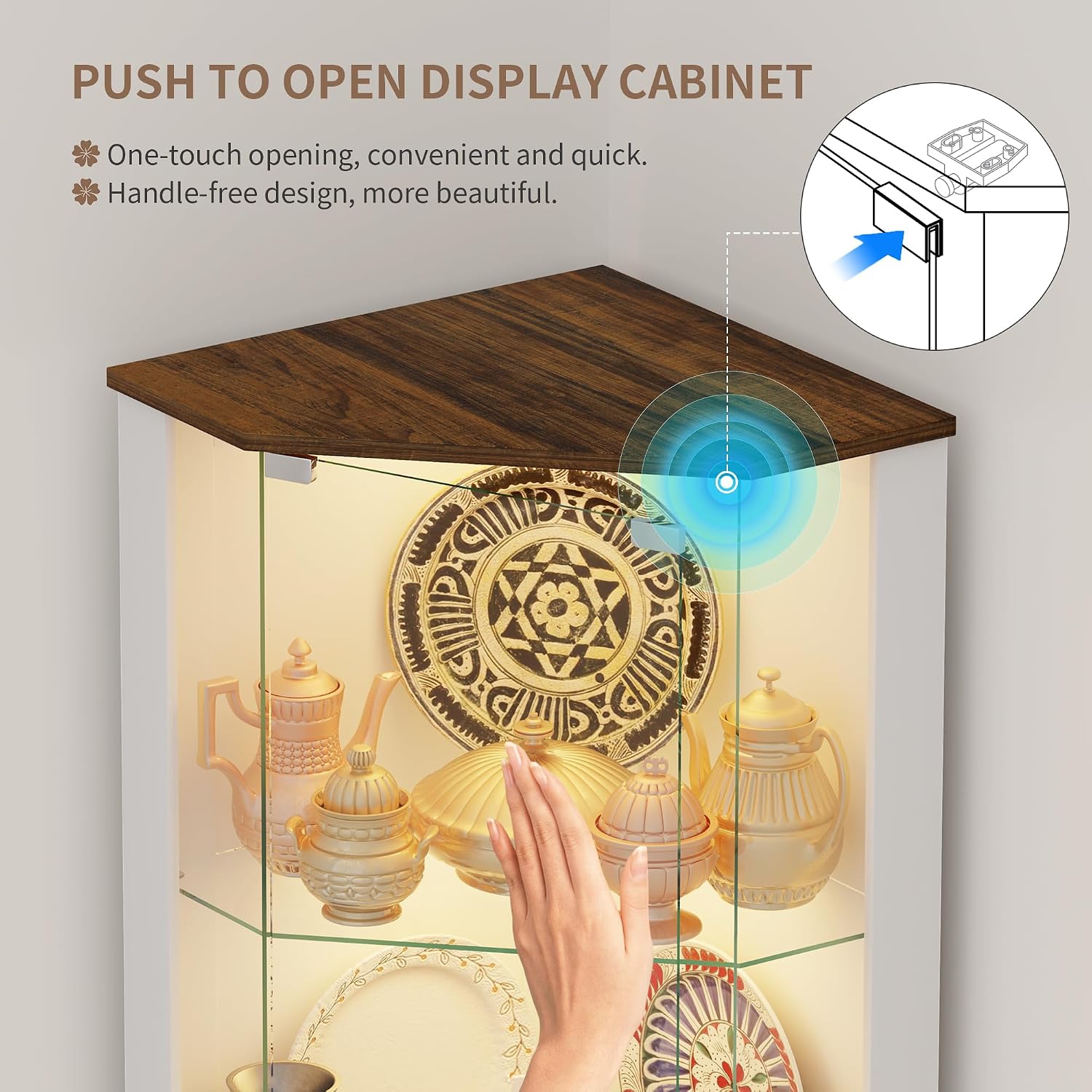 Lvifur 69' Corner Glass Display Cabinet with RGB Lights,3-Tier Movable Glass Shelves,Curio Display with Human Body Sensor,Bookcase with Storage Cabinet for Toys,Books,Collectibles,Liquor,White