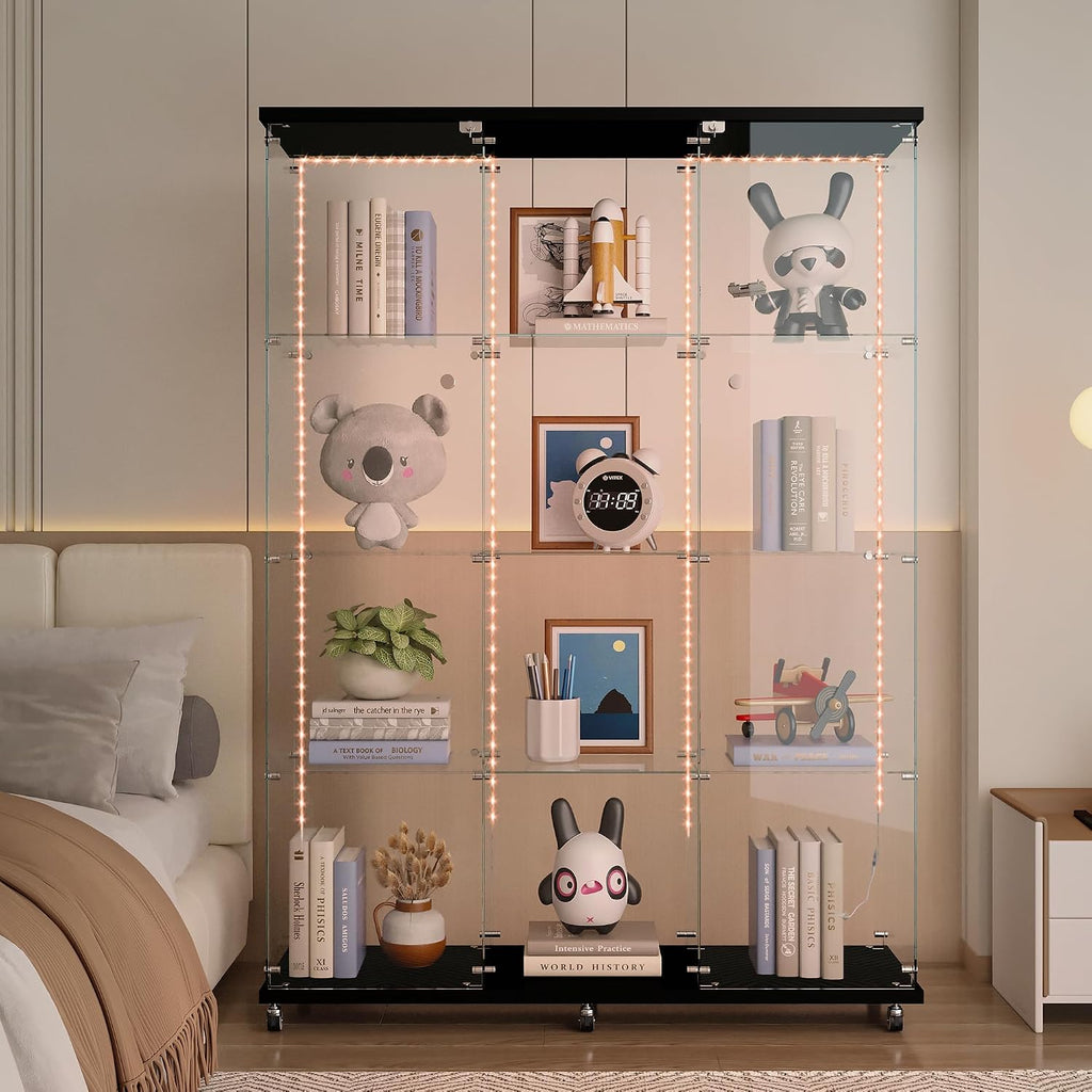 Glass Display Cabinet with 4 Shelves Extra Large,LED Lights and Wheels, Rolling 2 Doors Curio Cabinet with Lock 64.88' High Led Curio Display Cabinet Showcase for Living Room,Bedroom,Black