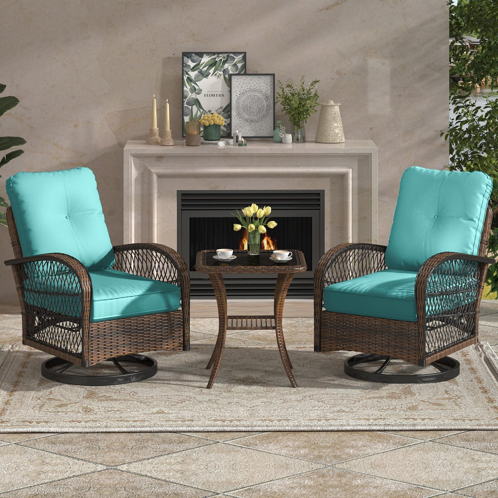 EROMMY 3 Pieces Patio Furniture Set, Outdoor Swivel Rocker Patio Chairs, Wicker Patio Bistro Set with Rocking Chair, Thickened Cushions and Glass Coffee Table for Backyard, Garden, Blue