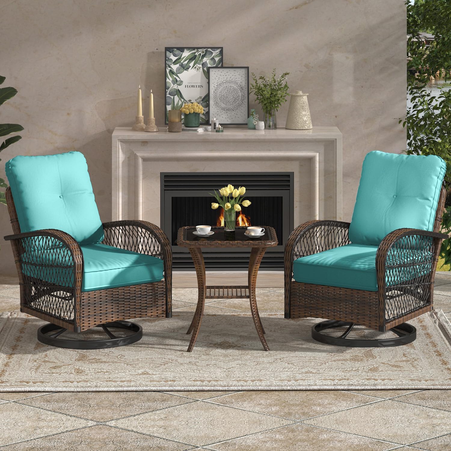 EROMMY 3 Pieces Patio Furniture Set, Outdoor Swivel Rocker Patio Chairs, Wicker Patio Bistro Set with Rocking Chair, Thickened Cushions and Glass Coffee Table for Backyard, Garden, Blue