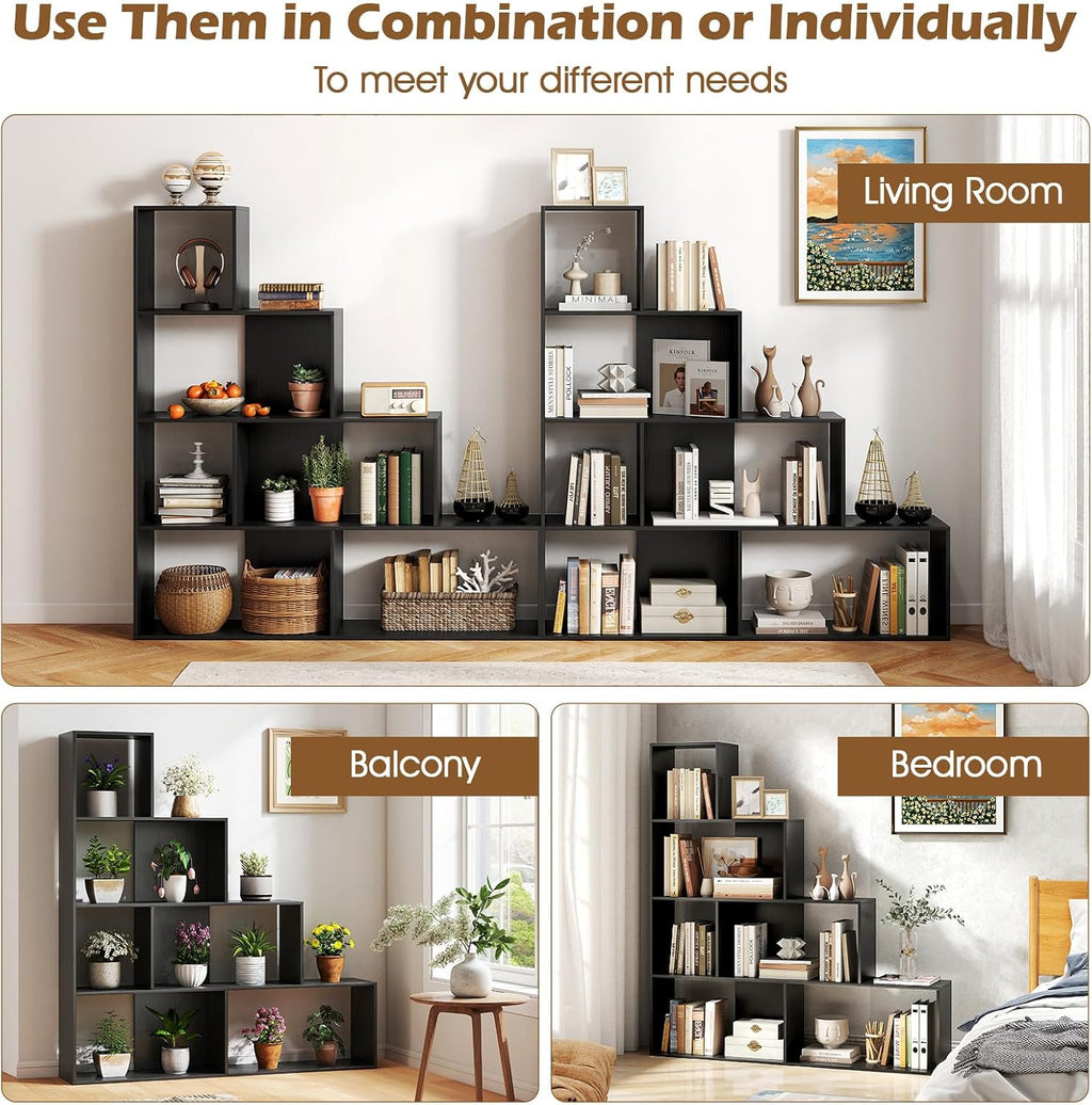 Tangkula 4-Tier Stepped Bookshelf, Freestanding 6 Cubes Ladder Bookcase with Anti-Tipping Kits, 64' Tall Modern Wooden Storage Display Rack for Home Office Living Room Study (1, Black)