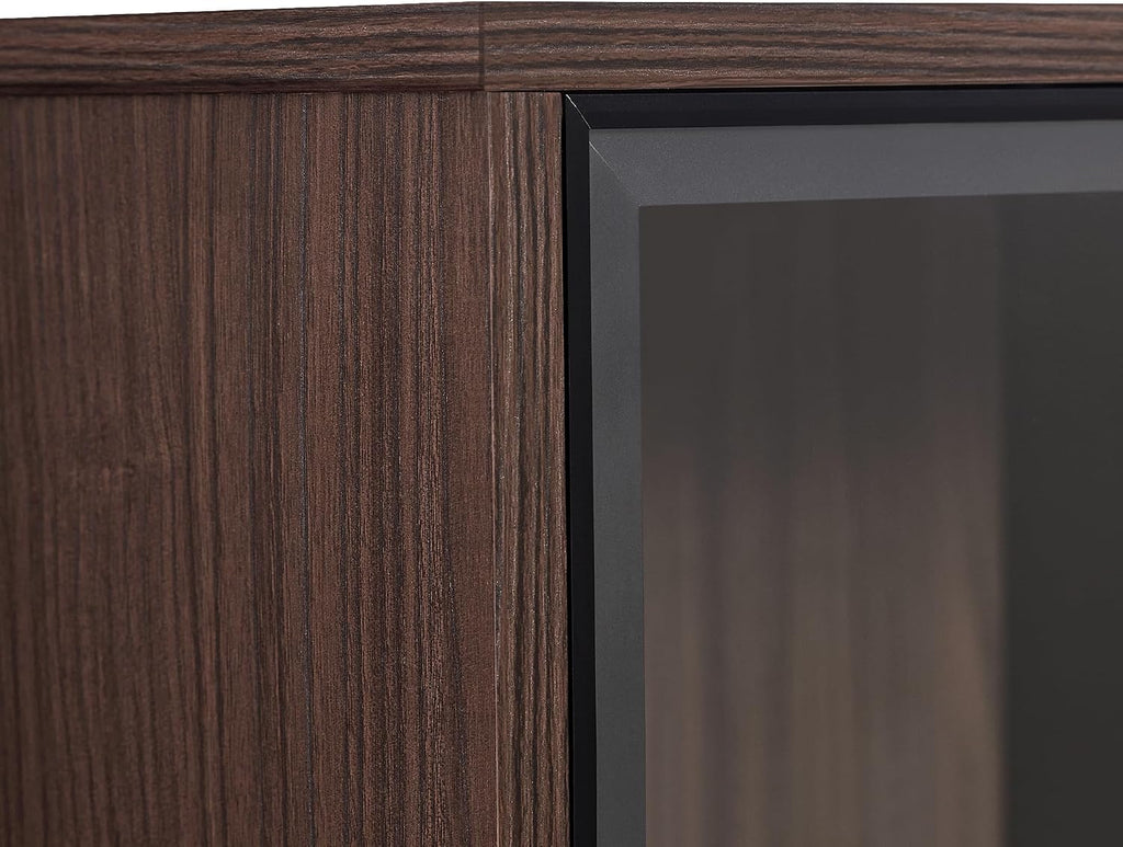 51' Minimalist Aluminum-Frame Showcase Cabinet, Lego Display Case with LED Lighting, Lego Display Shelves with Adjustable Glass Shelves & Drawers for Home Office Living Room, Black + Dark Walnut