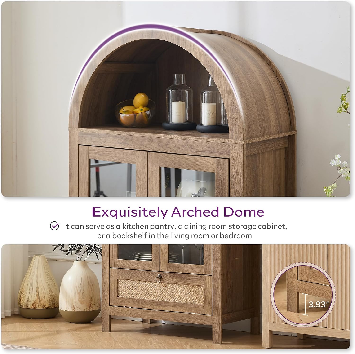 TYBOATLE 71' Tall Arched Pantry Cabinet with Innovative Drawer, Kitchen Cabinet with Anti-Tipping Device and Glass Door, Versatile Cupboard for Kitchen, Dining, Natrual