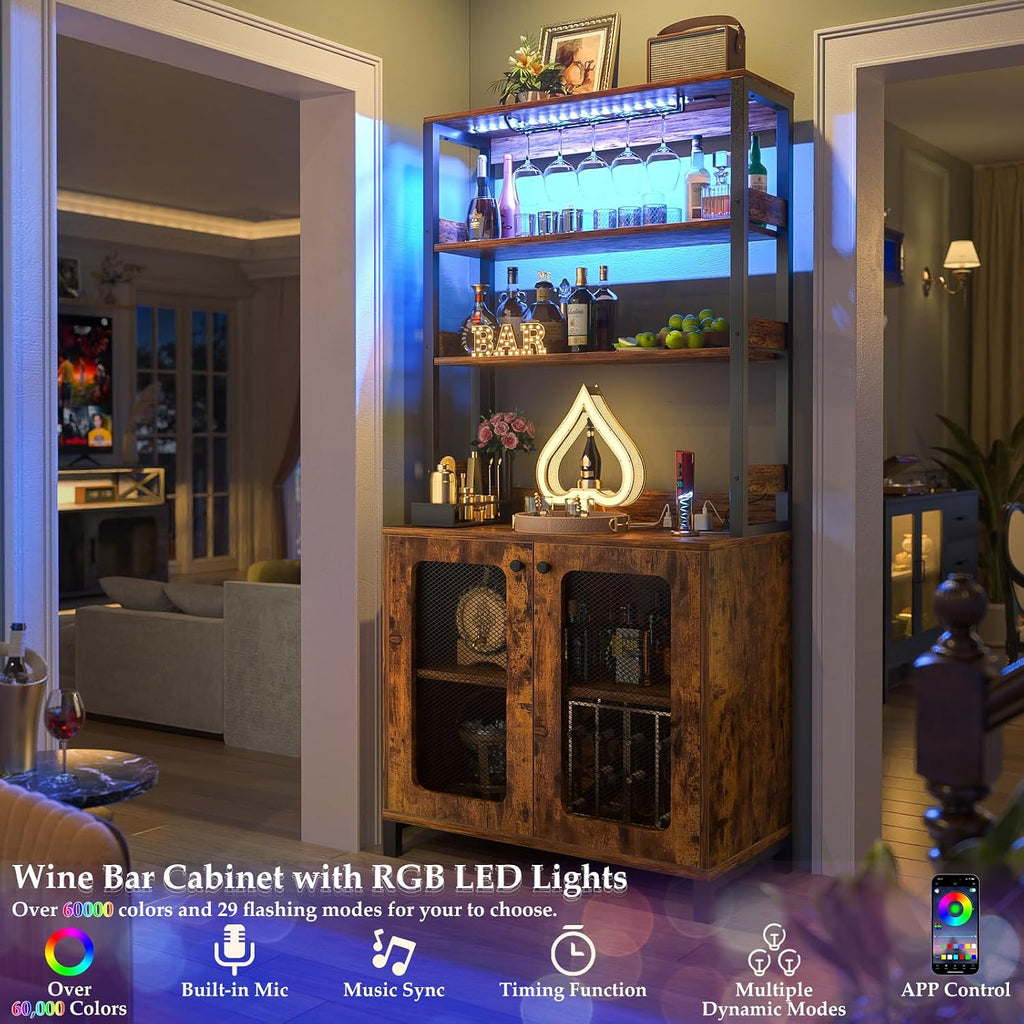 Aheaplus Bar Cabinet with Power Outlets, 67' Tall Wine Bar Liquor Cabinet with LED Lights & Glass Holder, Coffee Bars Station for Living Room, Microwave Stand Bakers Rack Cabinets, Rustic Brown