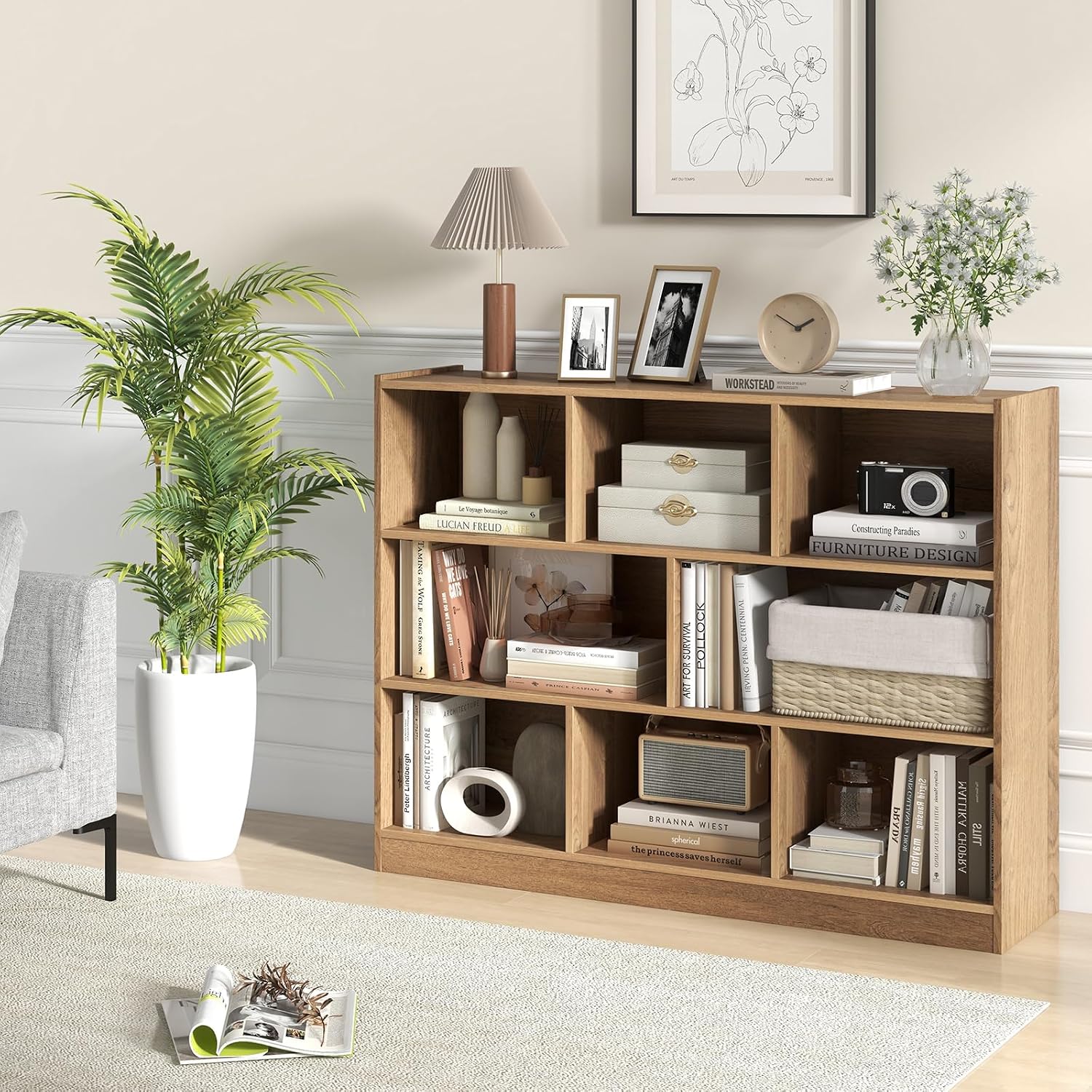 Tangkula 8-Cube Bookcase, Wood 3 Tier Open Storage Bookshelf, Modern Multipurpose Display Cabinet for Living Room, Study, Reading Nook, 48 x 12.5 x 36.5 Inch, Natural