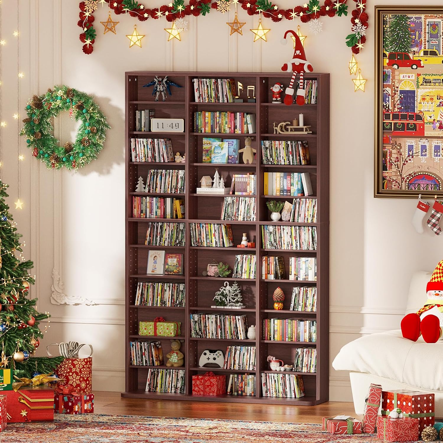 11 Tier Tall Display Cabinet, Walnut Media Storage Cabinet with Adjustable Shelves, Free Standing DVD Organizer Shelf, Floor multimedia storage manga bookshelf for Living Room & Home Office.