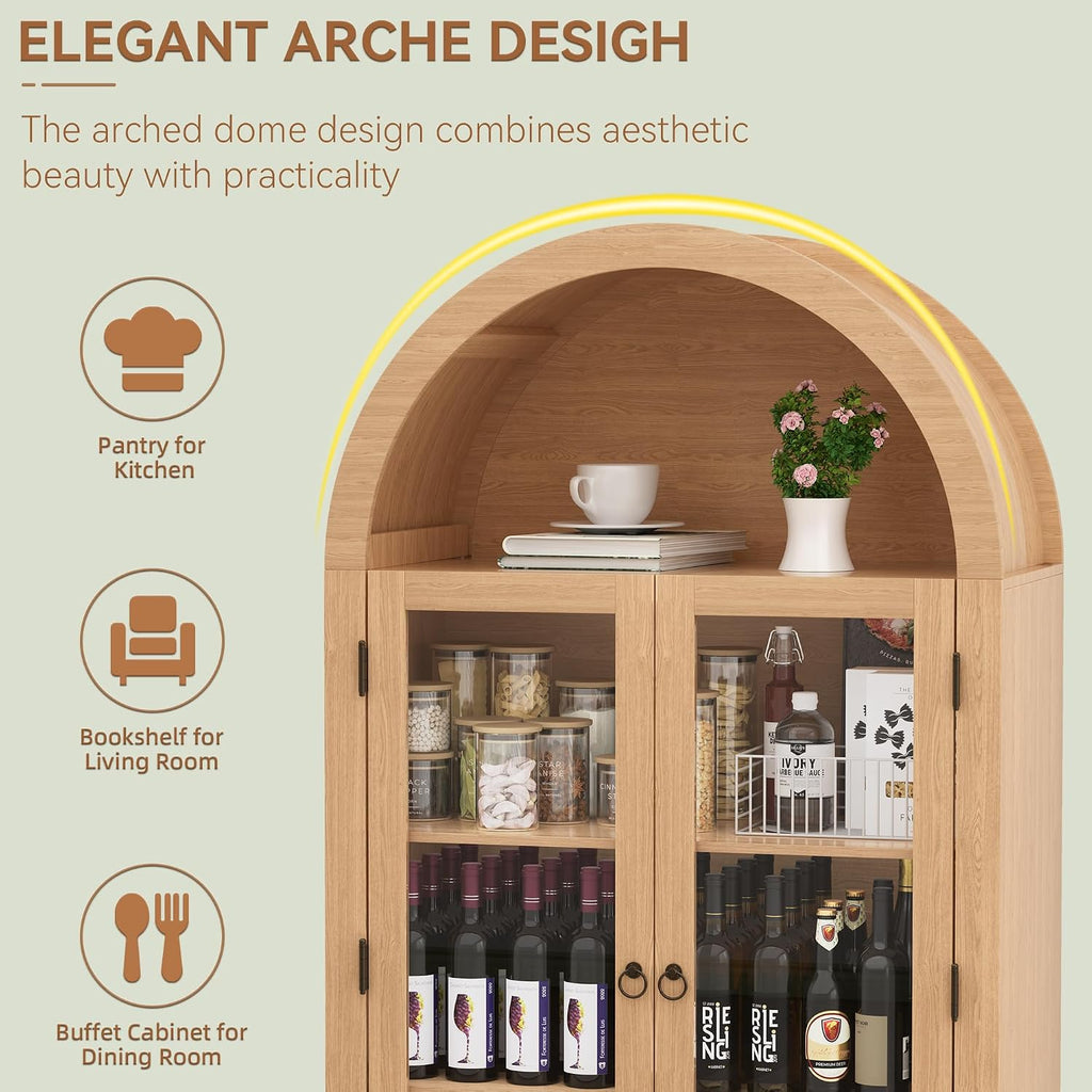 71' Tall Arched Kitchen Pantry Cabinet, Farmhouse Modern Wood Arched Cabinets with Glass Doors & 2 Large Drawers, Perfect for Kitchen, Dining Room, Living Room, Natrual