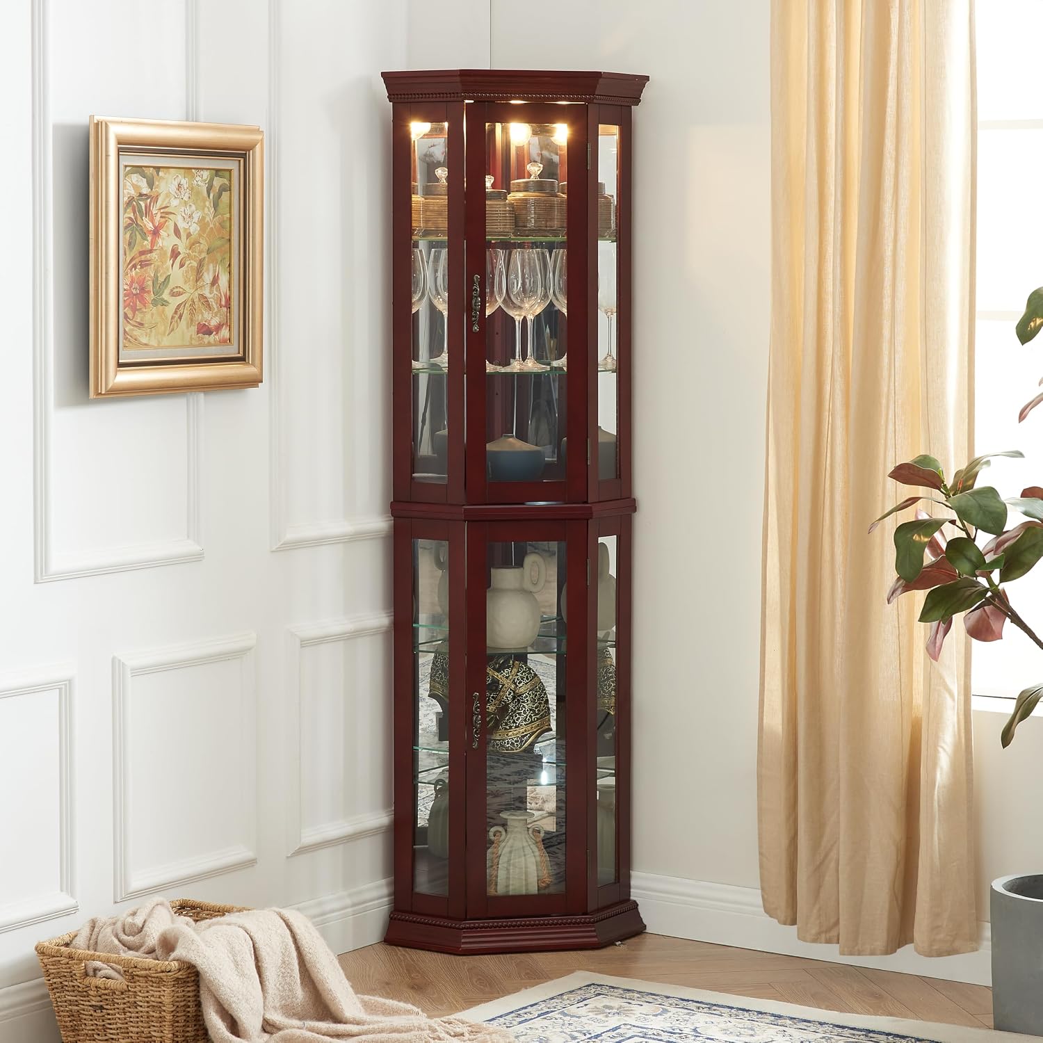 70' Tempered Glass Adjustable Showcase Cabinet, Lego Display Case with Mirrored Back & Beading, Lego Display Shelves with Built-in Lights & Handles for Home Living Room Corner, Cherry