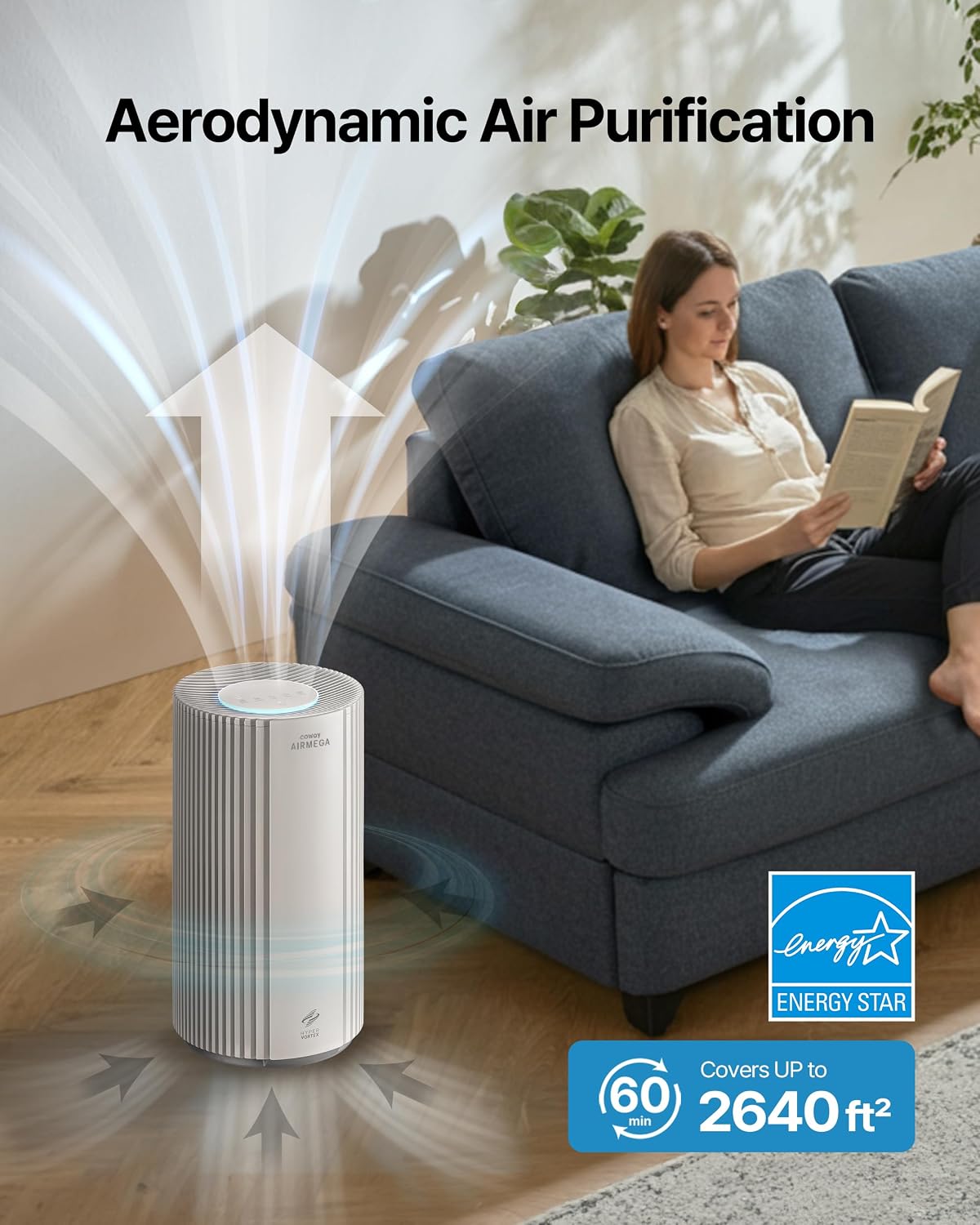COWAY Air Purifier for Large Room Whole Home Up to 2,640 ft², HEPA Filter for Smoke, Allergen, Pet Dander, Odor, PM 10 AQI, Turbo Eco Mode, Timer, Energy Star, 3yr Warranty, Airmega 350 Beige