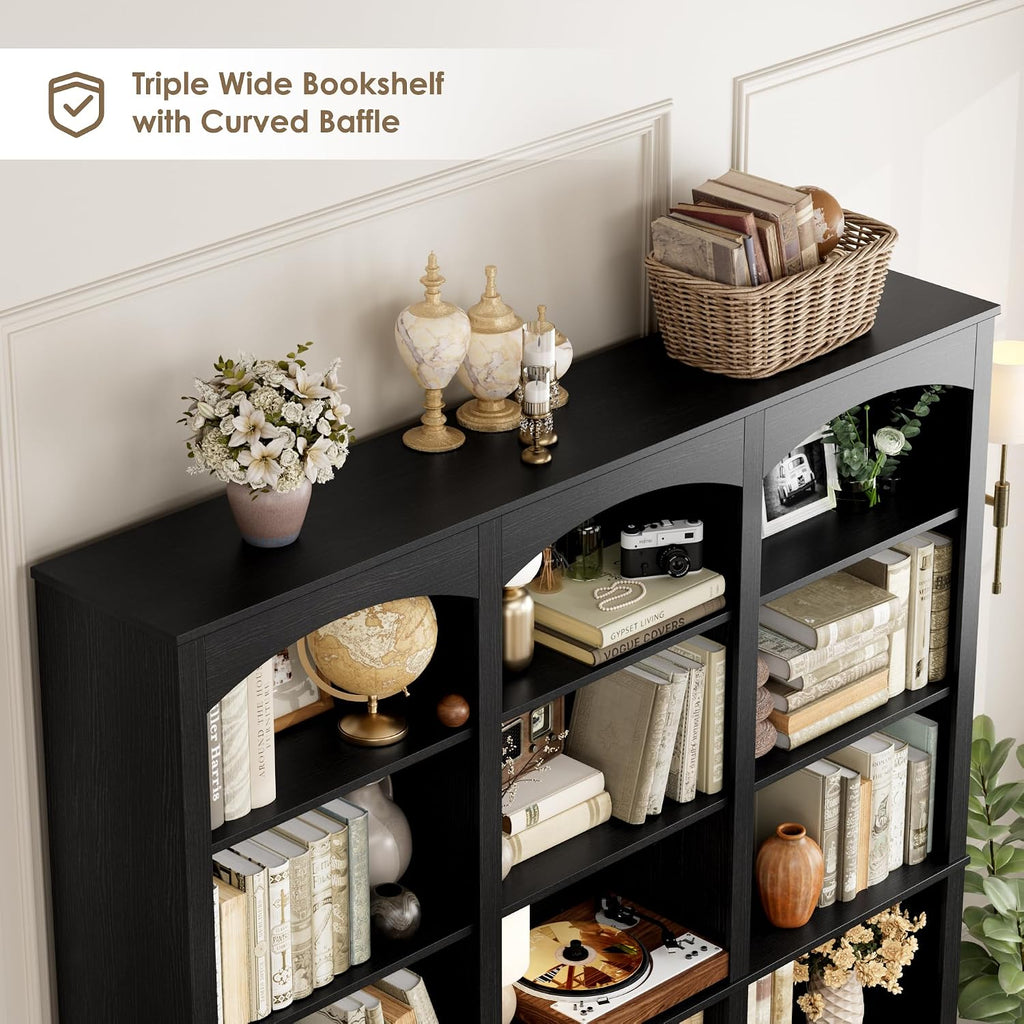 FACBOTALL 71' Triple Wide Bookshelf, 6 Tier Tall Bookshelf, Large Book Shelf with Curved Baffle, 63.4' Wide Bookcase with 18 Open Display Shelves for Living Room, Study, Black