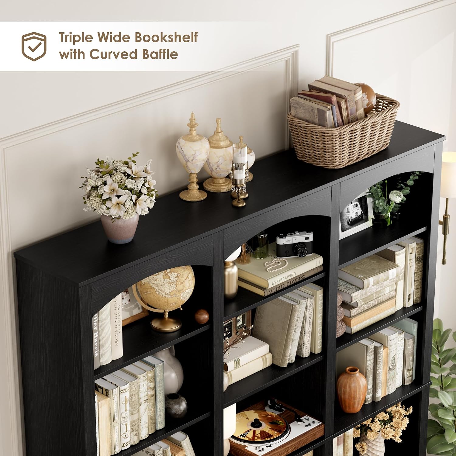 FACBOTALL 71' Triple Wide Bookshelf, 6 Tier Tall Bookshelf, Large Book Shelf with Curved Baffle, 63.4' Wide Bookcase with 18 Open Display Shelves for Living Room, Study, Black