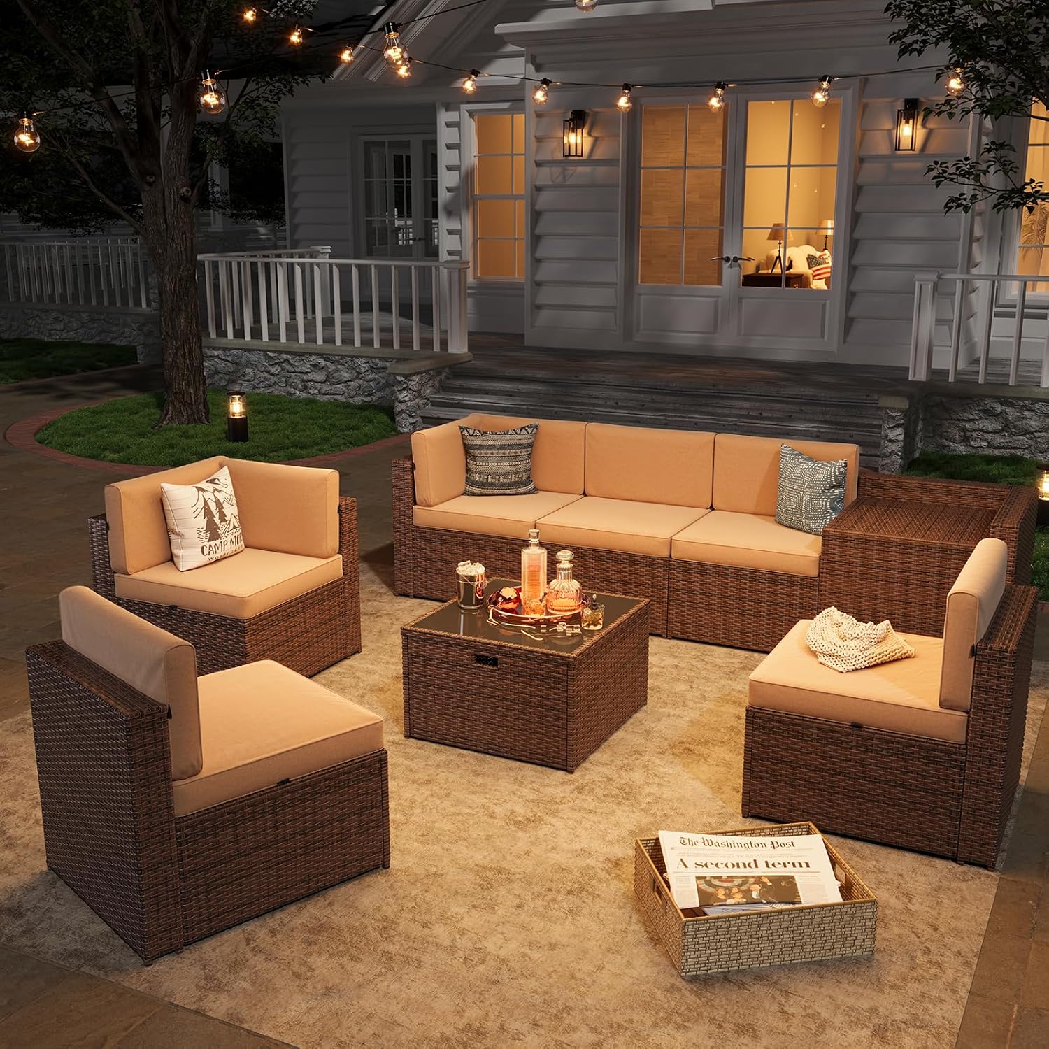 Aoxun 8-Piece Patio Furniture Set, Wicker Outdoor Sectional Sofa with Large Storage Table & Waterproof Cover, Patio Conversation Set for Backyard and Garden (Brown/Khaki)