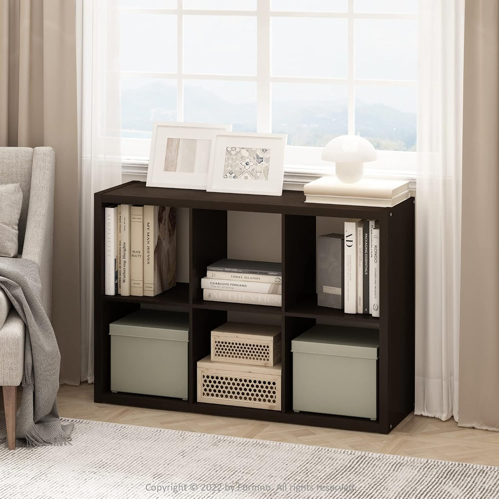 Furinno Cubicle Book Shelf, 6-Cube Bookshelf, Extra Thick Frame Horizontally & Vertically Reversible Bookcase with Open Back, 14.6' x 44' x 30', for Living Room, Bedroom, Home Office, Black Dark Oak
