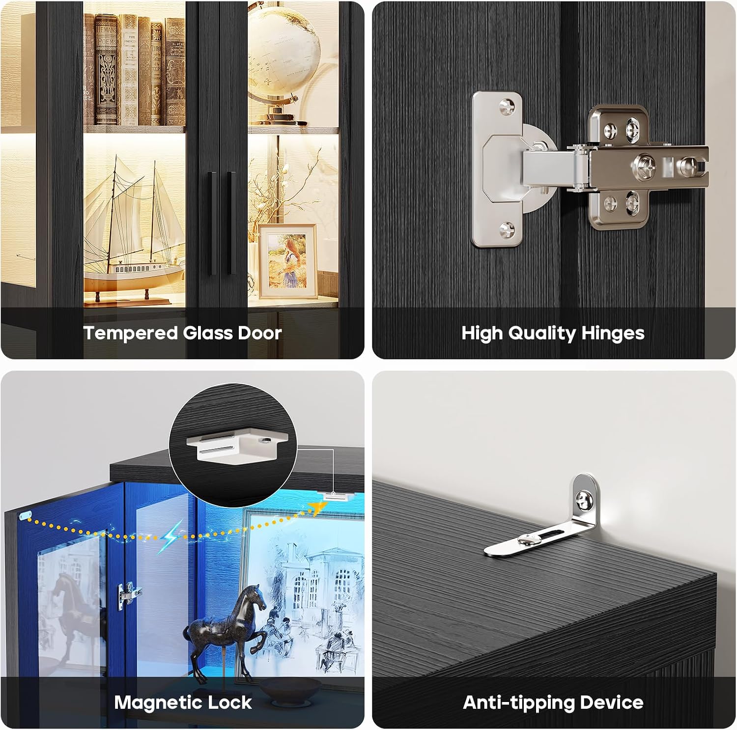 BROTTAR Curio Cabinet with Glass Doors, Bookcase with 4 Shelves, Display Cabinets for Collectibles, China Cabinet with 3 Color LED Lights and Human Body Sensing, Buffer Hinge, Black