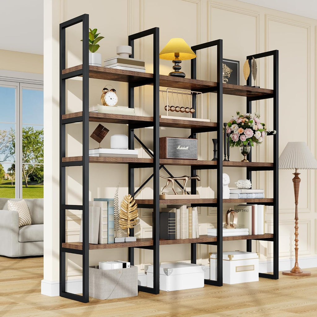 Large Bookshelf 5 Tiers, Triple Wide Geometric Bookcase, 71 Inches Tall Industrial Book Shelves Etagere Book Case, Sturdy Metal Frame, Freestanding Display Shelving Unit, Brown