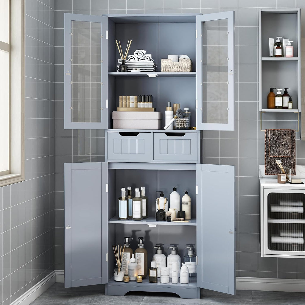 Betterhood 67' Tall Bathroom Storage Cabinet, Freestanding Cabinet with Glass Doors and Shelves, Large Bathroom Pantry with 2 Drawers for Living Room, Kitchen, Dining Room, Office, Gray