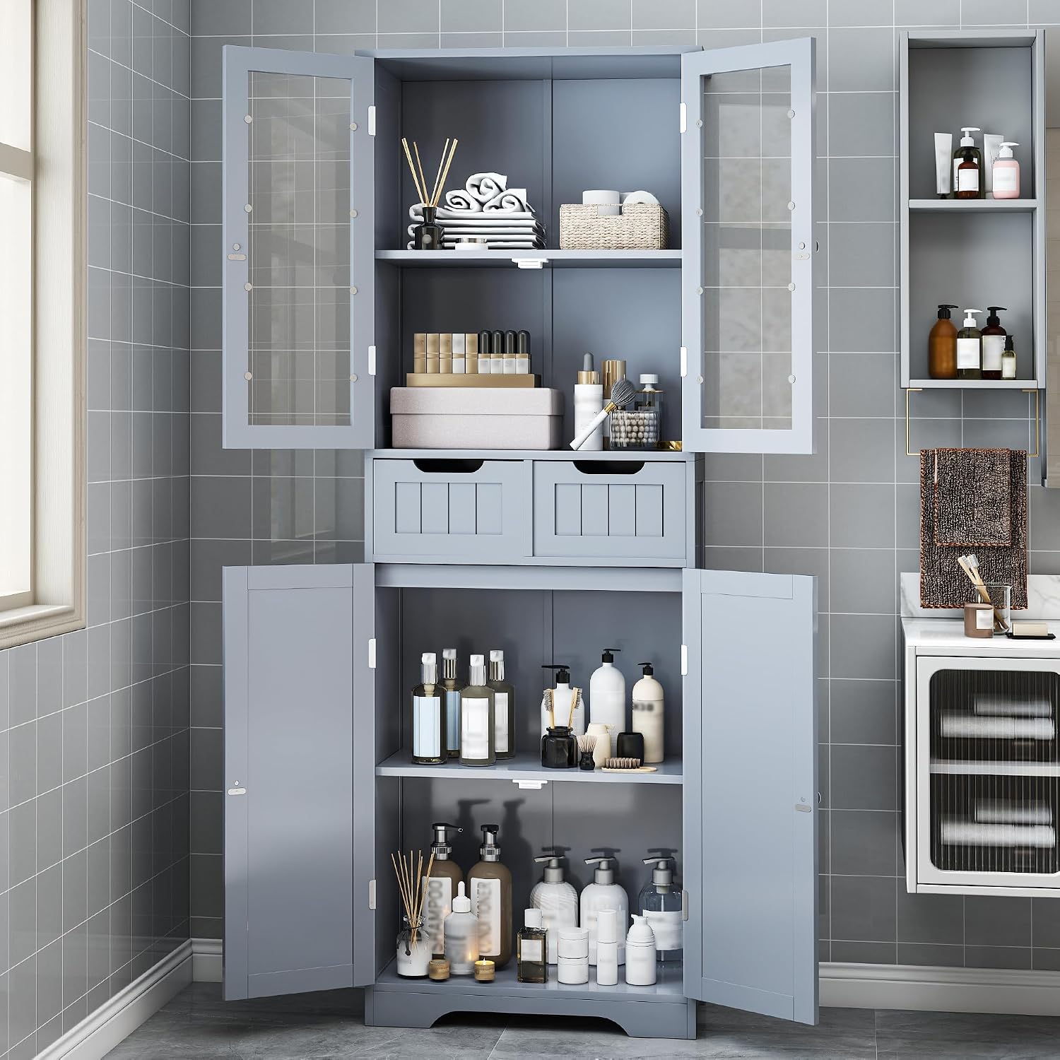 Betterhood 67' Tall Bathroom Storage Cabinet, Freestanding Cabinet with Glass Doors and Shelves, Large Bathroom Pantry with 2 Drawers for Living Room, Kitchen, Dining Room, Office, Gray