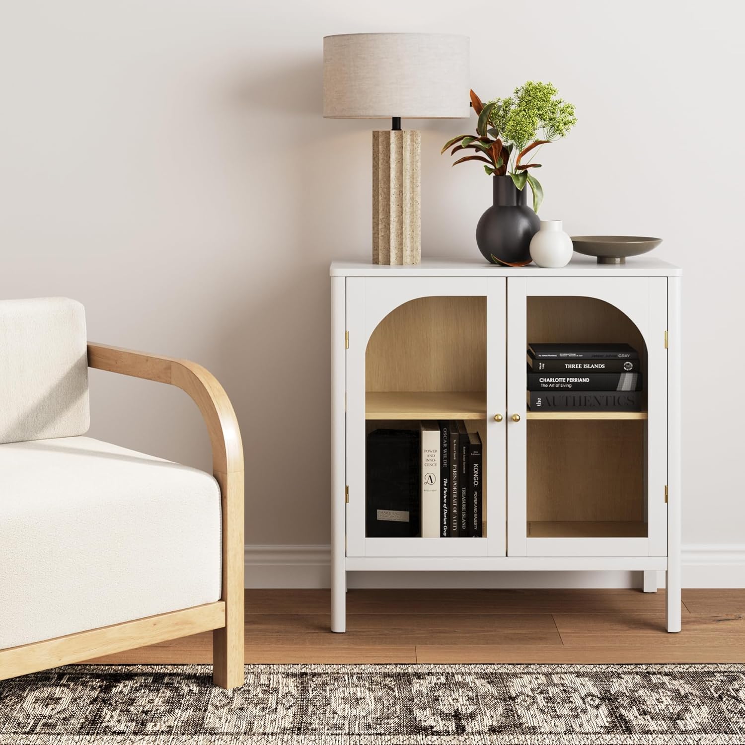 Nathan James Mason Storage Accent Cabinet Sideboard Buffet, Credenza with Glass Doors and Adjustable Shelf for Dining Room, Entryway and Living Room, Clear Glass/White/Light Oak
