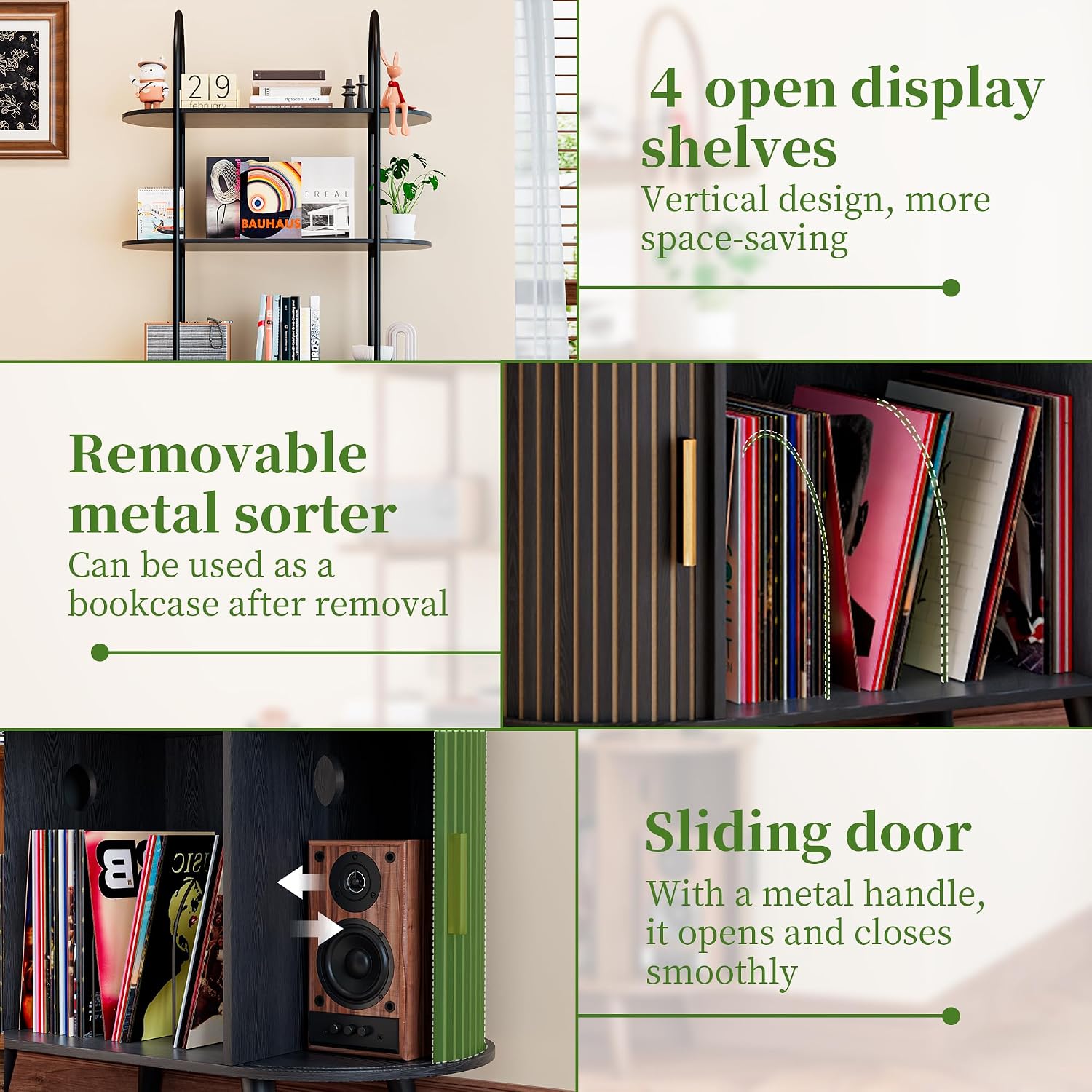 Tall Vinyl Record Player Stand, Black Small Record Storage Cabinet, 4 Tier Arched Bookshelf with Sliding Doors, Fluted Media Display Shelf, Mid Century Modern Turntable Stand for Living Room, Retro