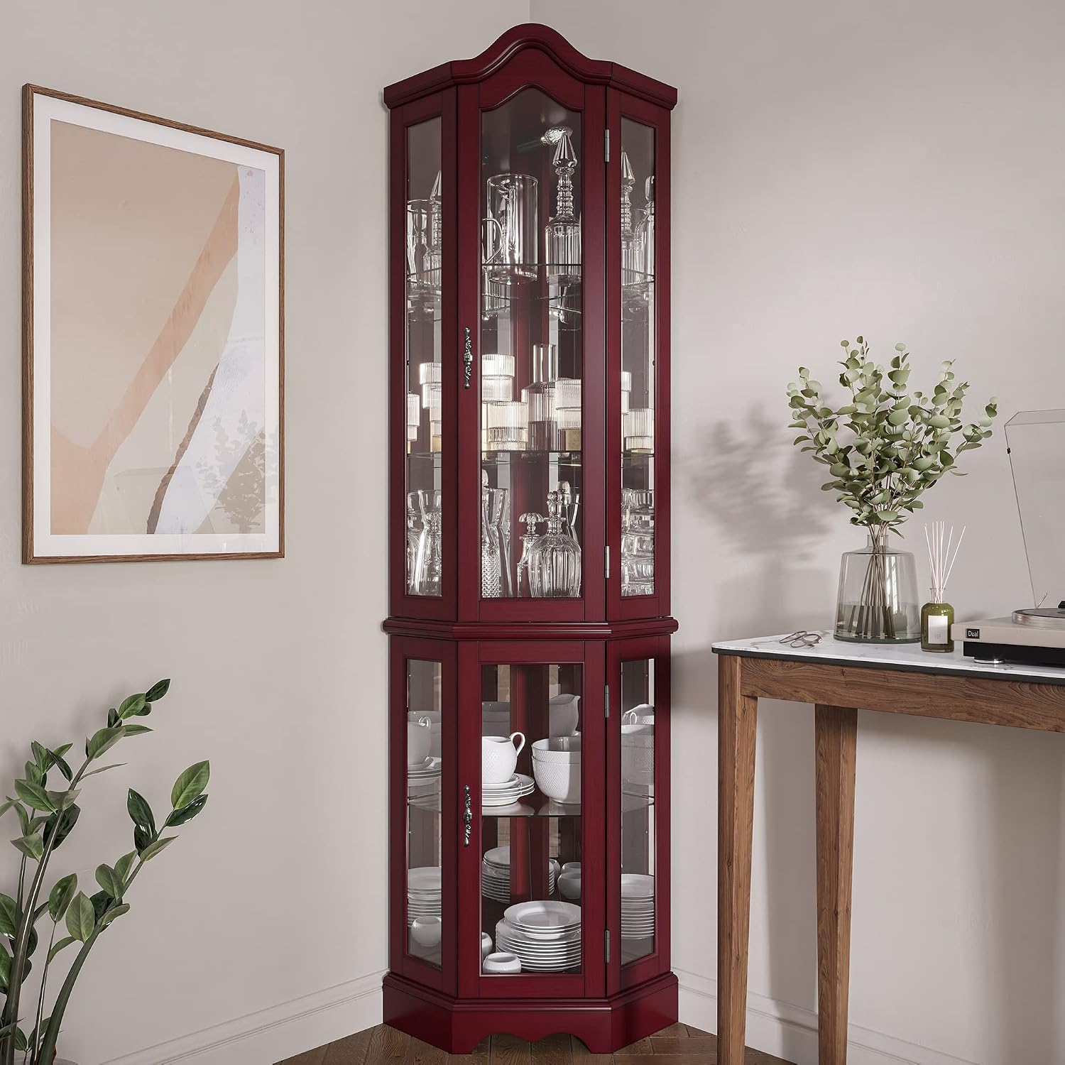 BELLEZE Lighted Corner Display Curved Top Curio Cabinet Wooden Shelving Unit with Tempered Glass Door, Bar and Liquor Storage Area with 5 Shelves - Loraine (Cherry)