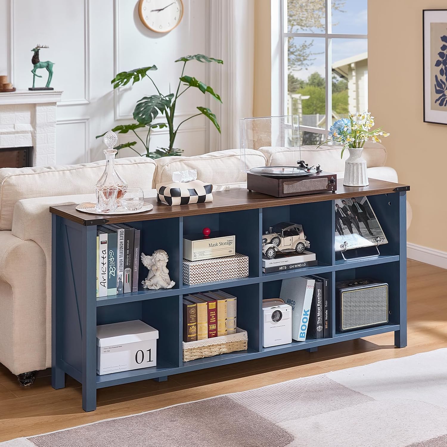 Joaxswe 8 Cube Book Shelf, Farmhouse Wood Long Storage Organizer Bookcase, 62' Horizontal Navy Blue Console Closet Bookshelf, Hallway TV Stand for Entryway, Display Cabinet Book Case for Living Room